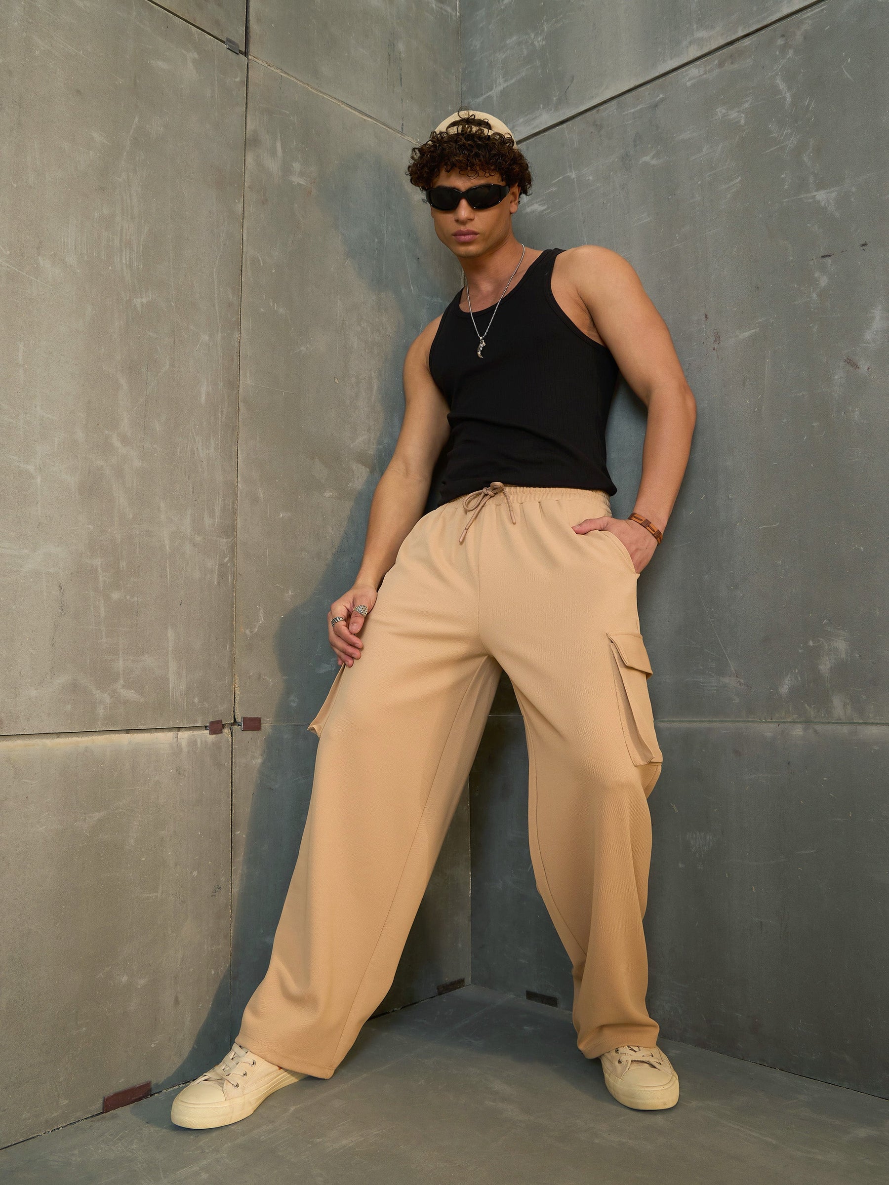 Beige Side Pocket Wide Leg Pants-MASCLN SASSAFRAS