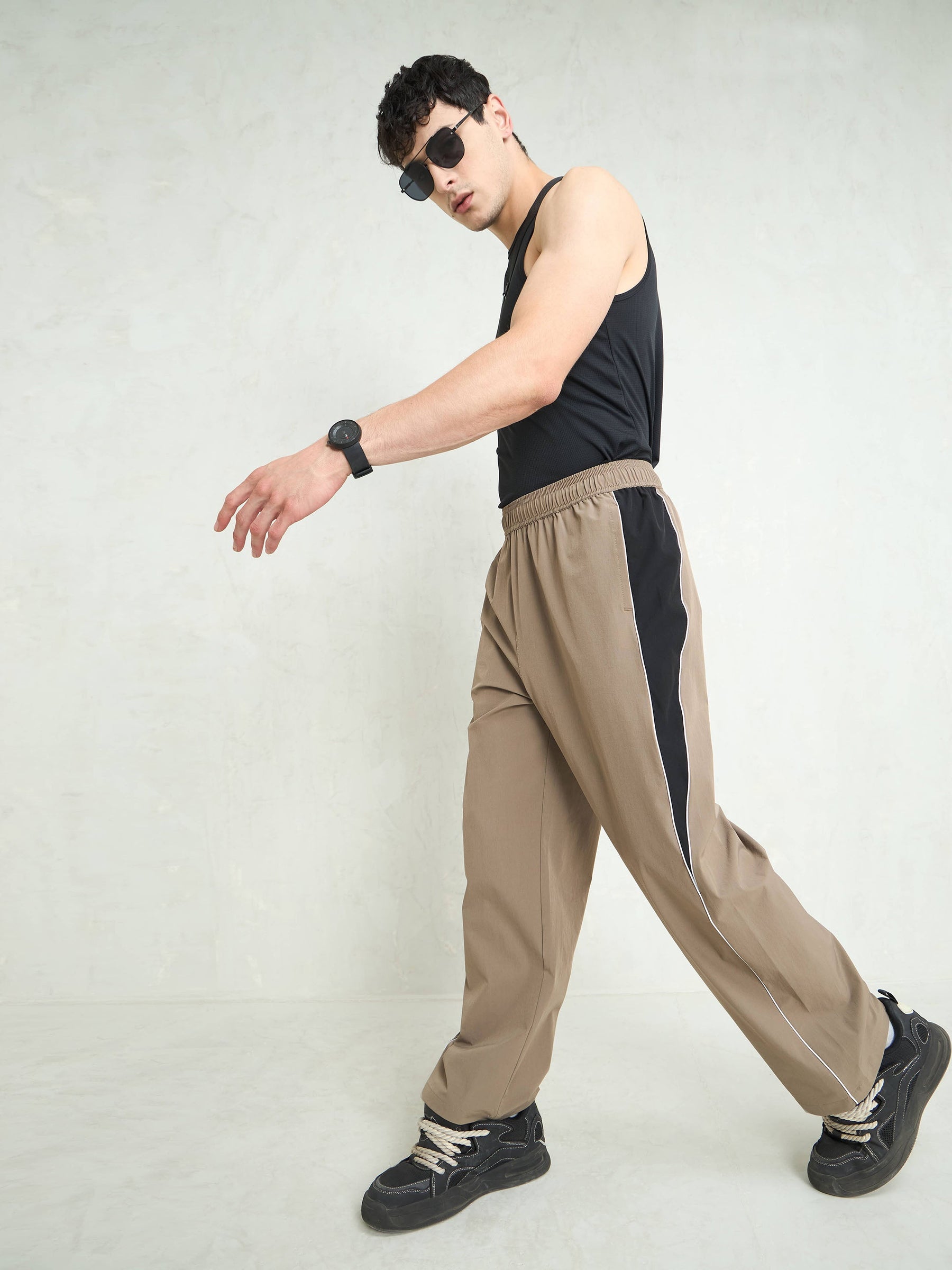 Unisex Taupe Color Block Side Seam Parachute Pants-MASCLN SASSAFRAS