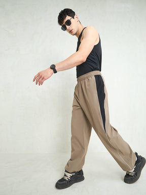 Unisex Taupe Color Block Side Seam Parachute Pants-MASCLN SASSAFRAS