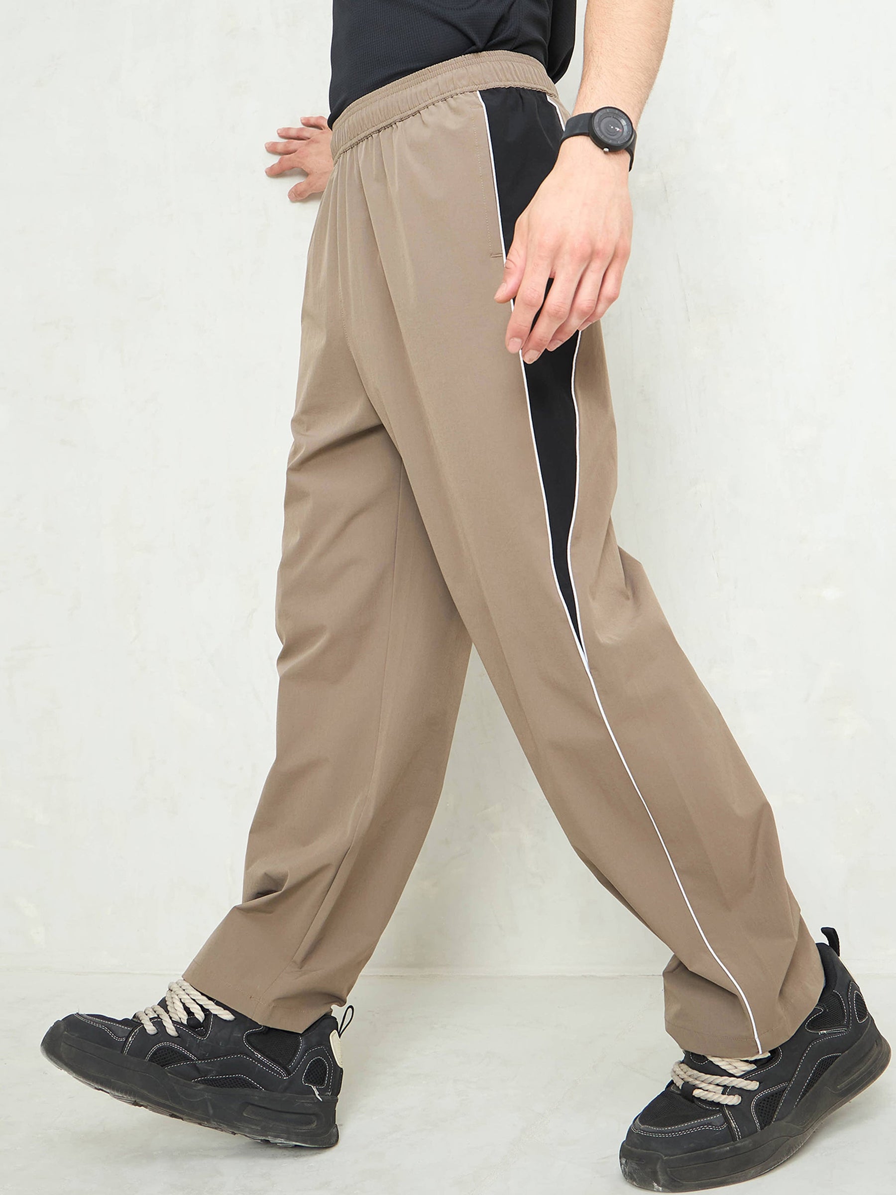 Unisex Taupe Color Block Side Seam Parachute Pants-MASCLN SASSAFRAS