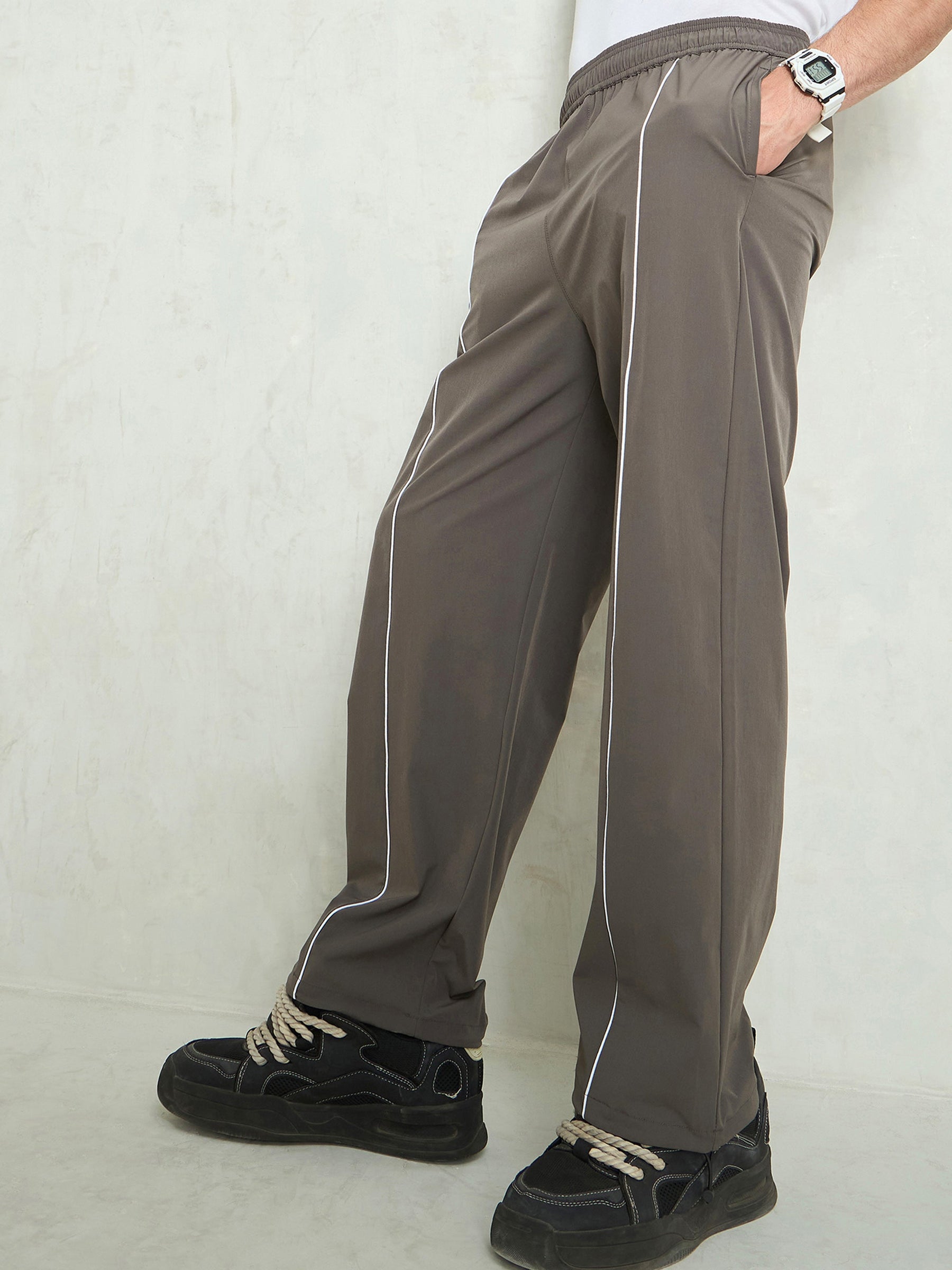 Unisex Dark Grey Piping Detail Baggy Parachute Pants-MASCLN SASSAFRAS