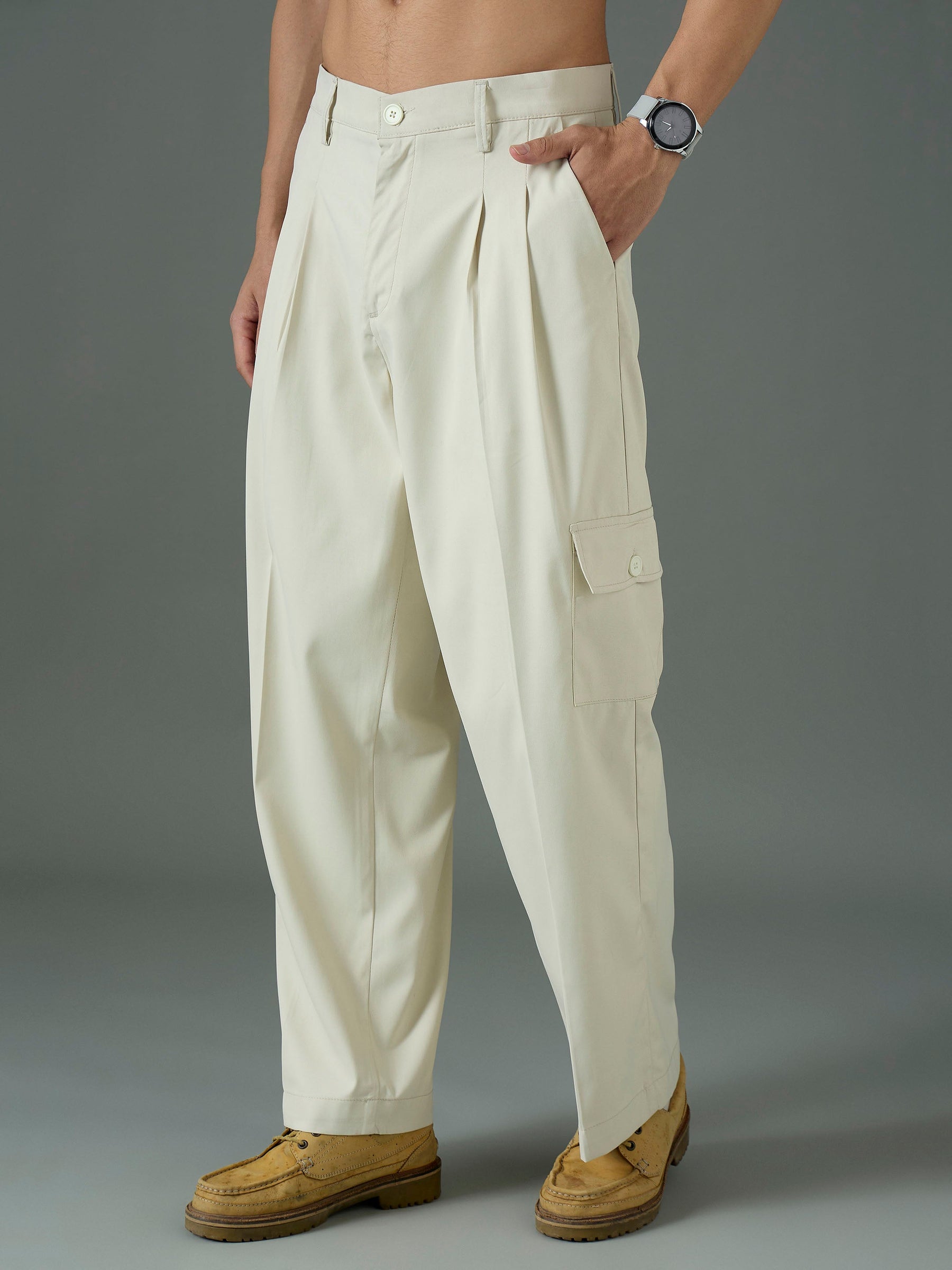Off White Side Flap Pocket Relax Fit Korean Trouser-MASCLN SASSAFRAS