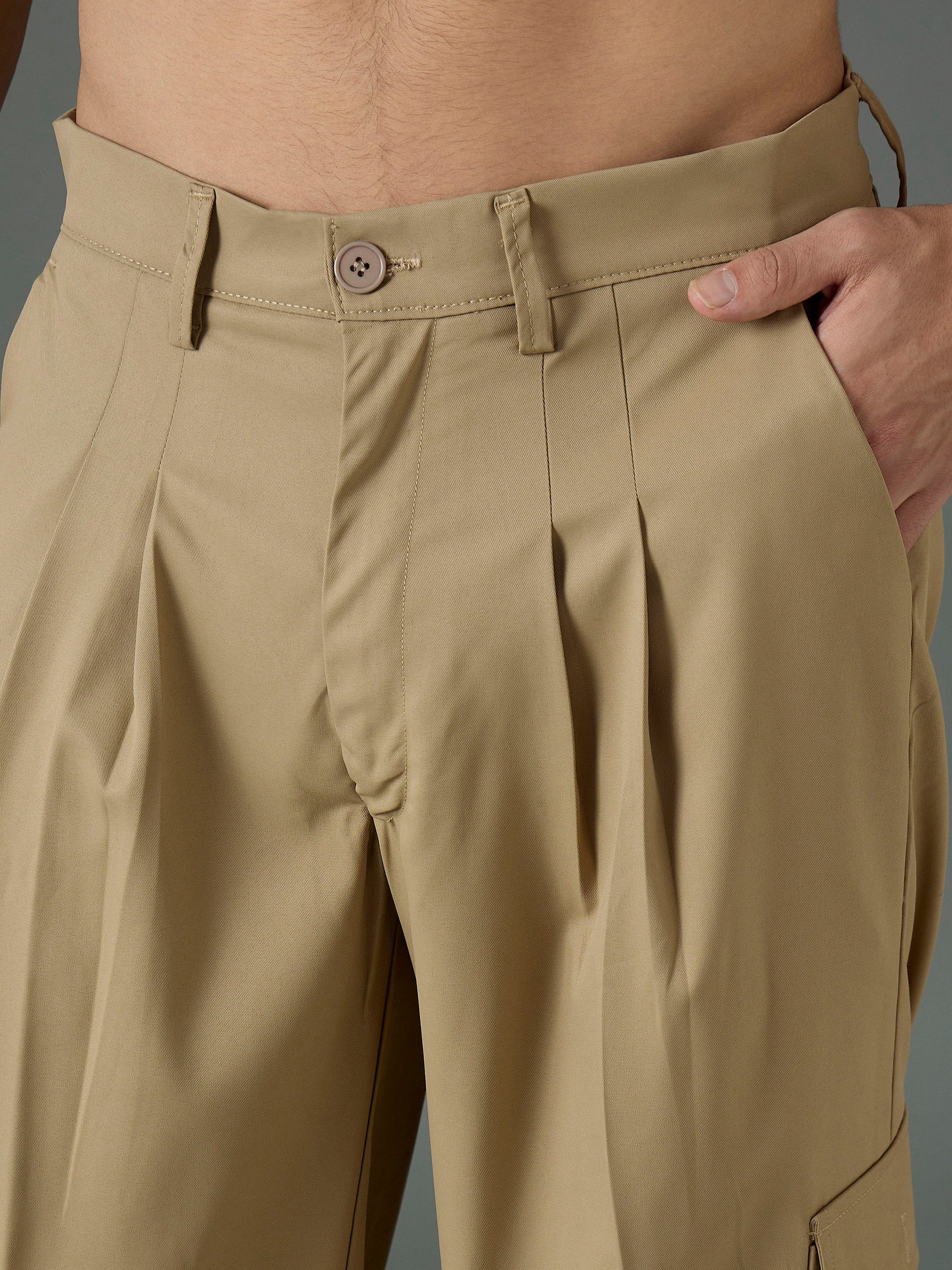 Khaki Side Flap Pocket Relax Fit Korean Trouser-MASCLN SASSAFRAS