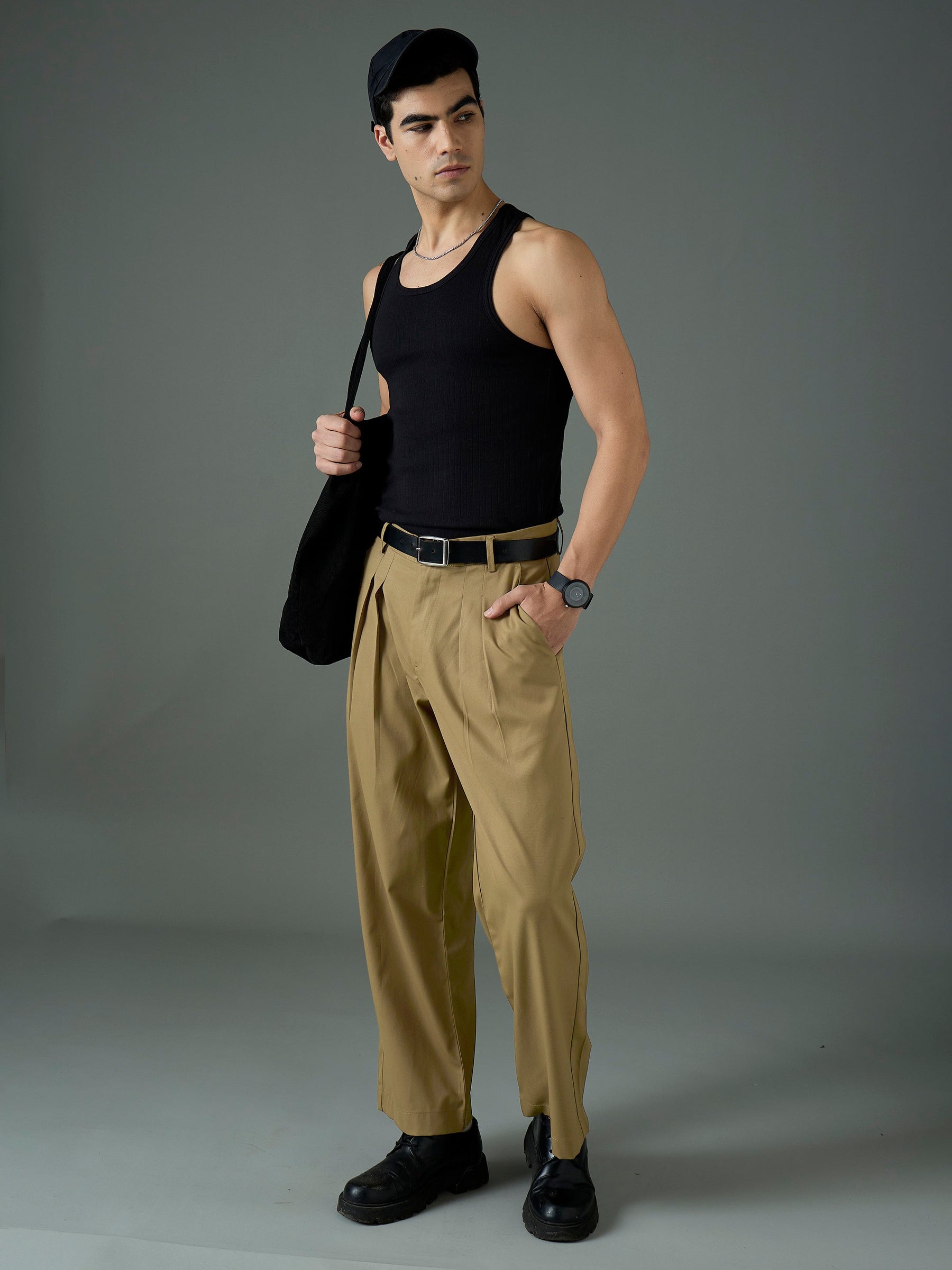 Khaki Front Pleat Relax Fit Korean Trouser-MASCLN SASSAFRAS