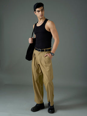 Khaki Front Pleat Relax Fit Korean Trouser-MASCLN SASSAFRAS