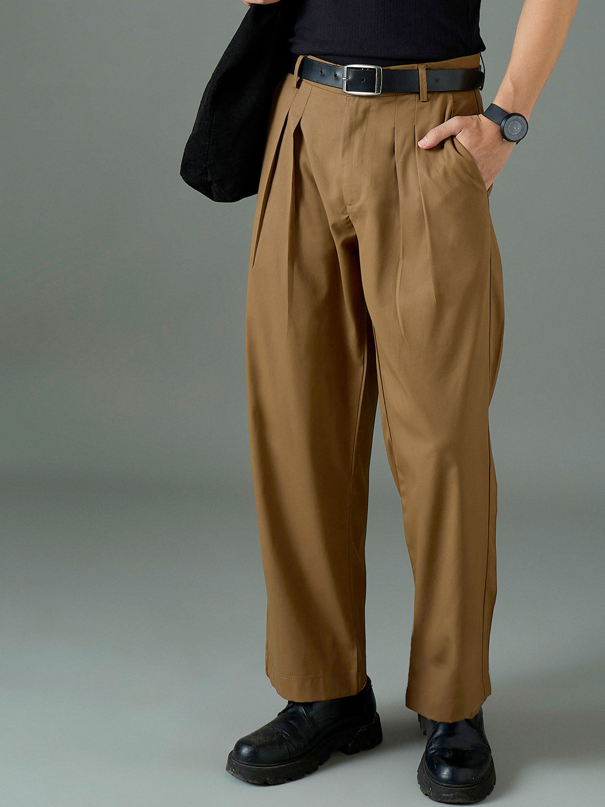 Dark Brown Front Pleat Relax Fit Korean Trouser-MASCLN SASSAFRAS