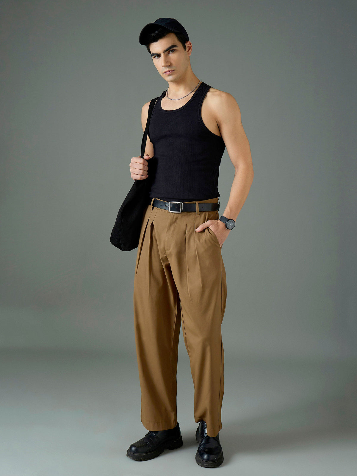 Dark Brown Front Pleat Relax Fit Korean Trouser-MASCLN SASSAFRAS