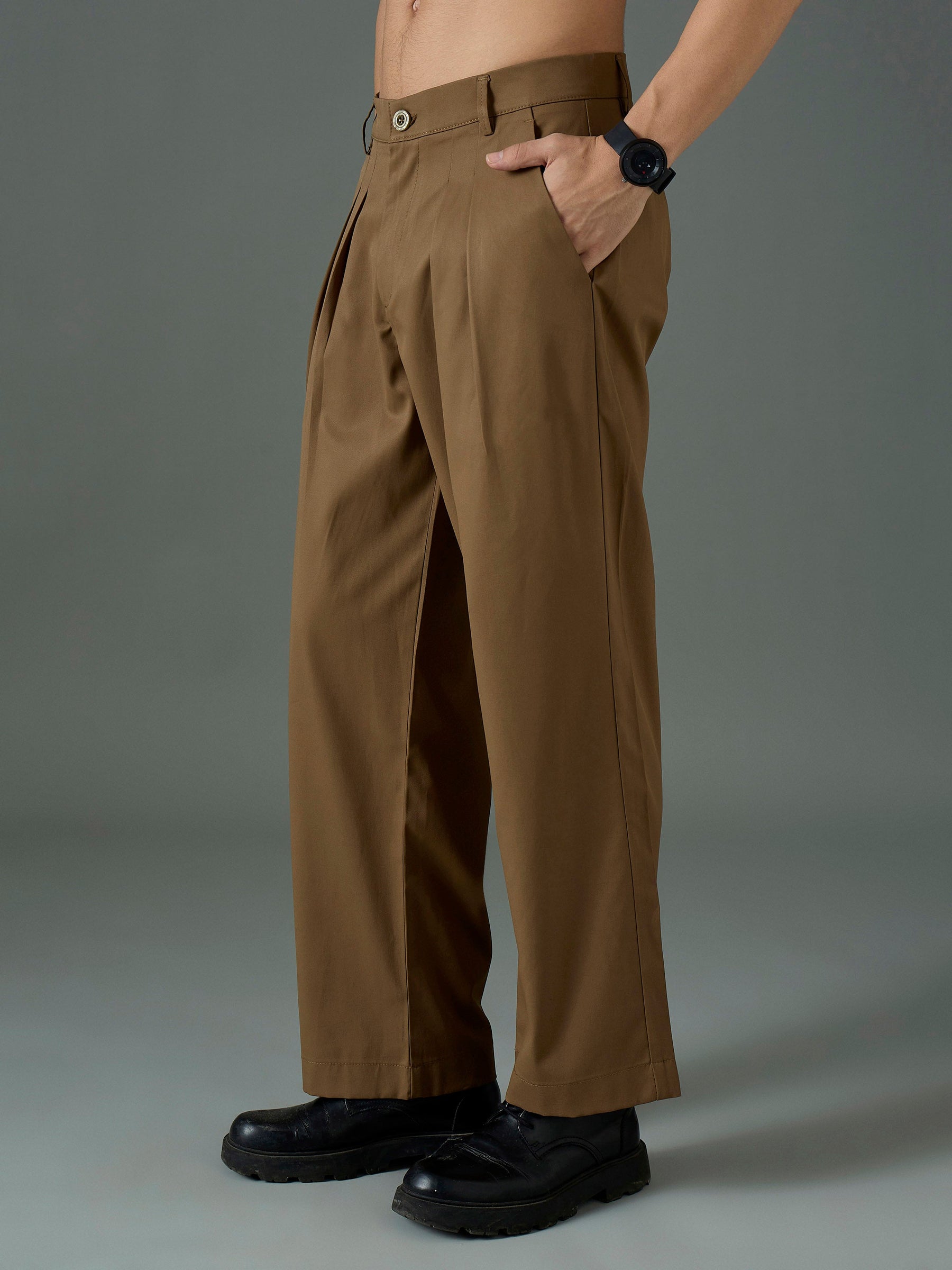 Dark Brown Front Pleat Relax Fit Korean Trouser-MASCLN SASSAFRAS