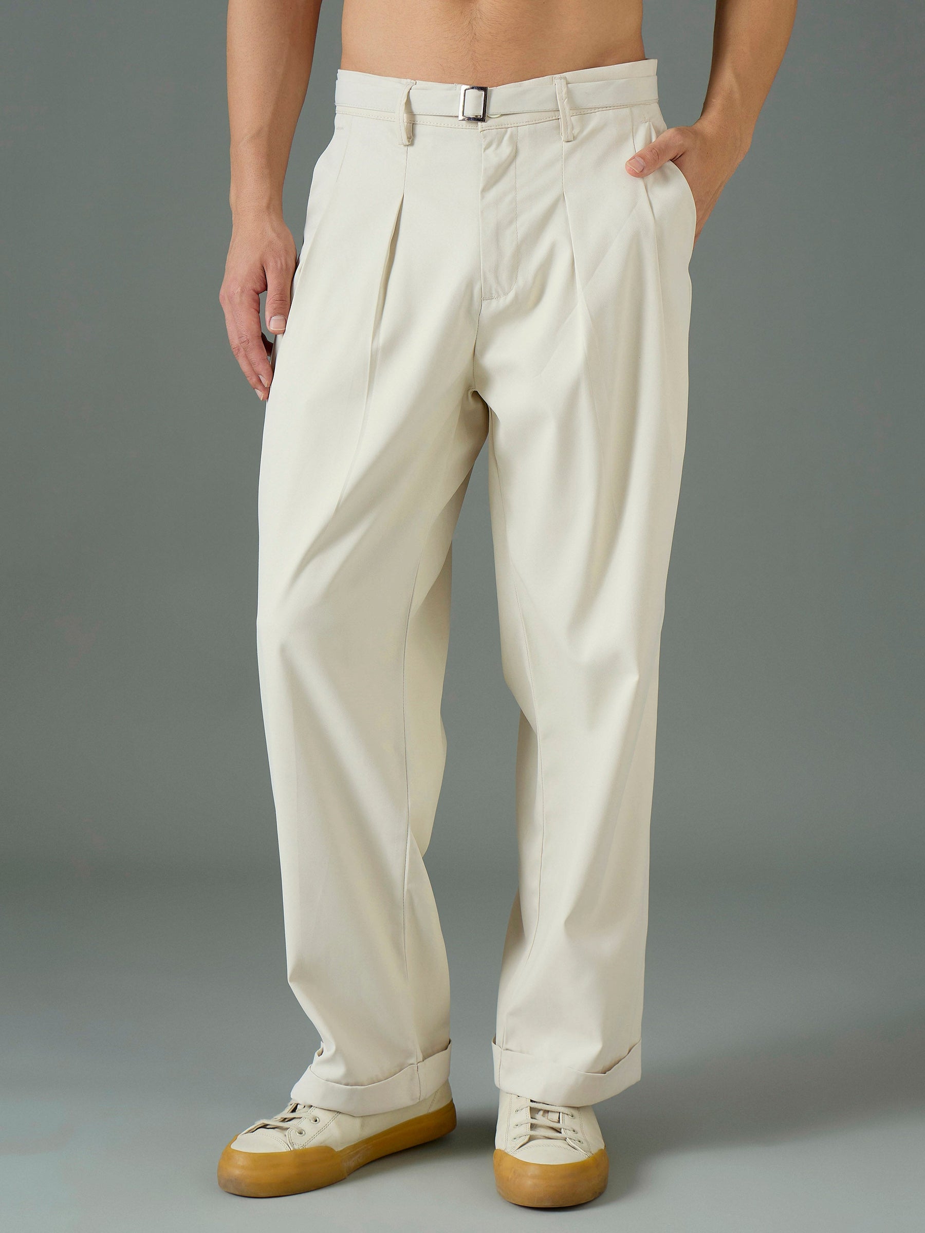 Off White Front Belt Relax Fit Korean Trouser-MASCLN SASSAFRAS