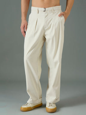Off White Front Belt Relax Fit Korean Trouser-MASCLN SASSAFRAS