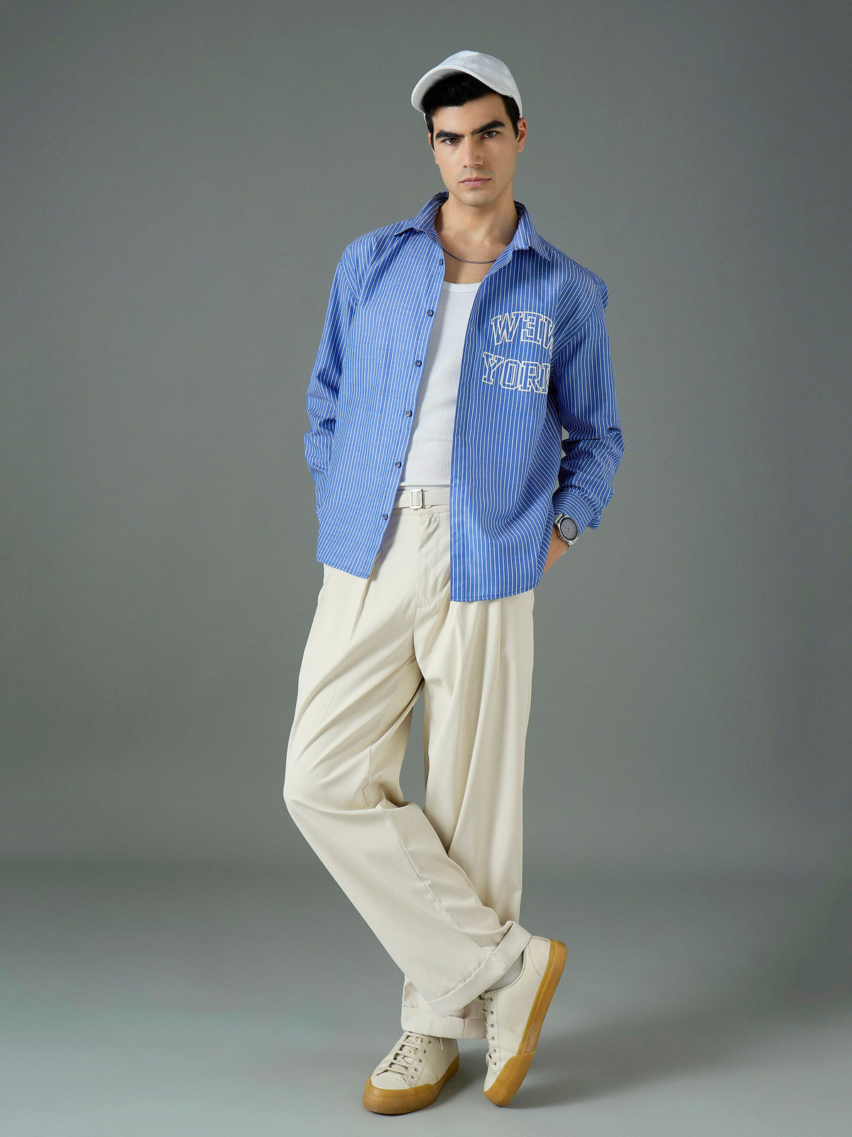 Off White Front Belt Relax Fit Korean Trouser-MASCLN SASSAFRAS