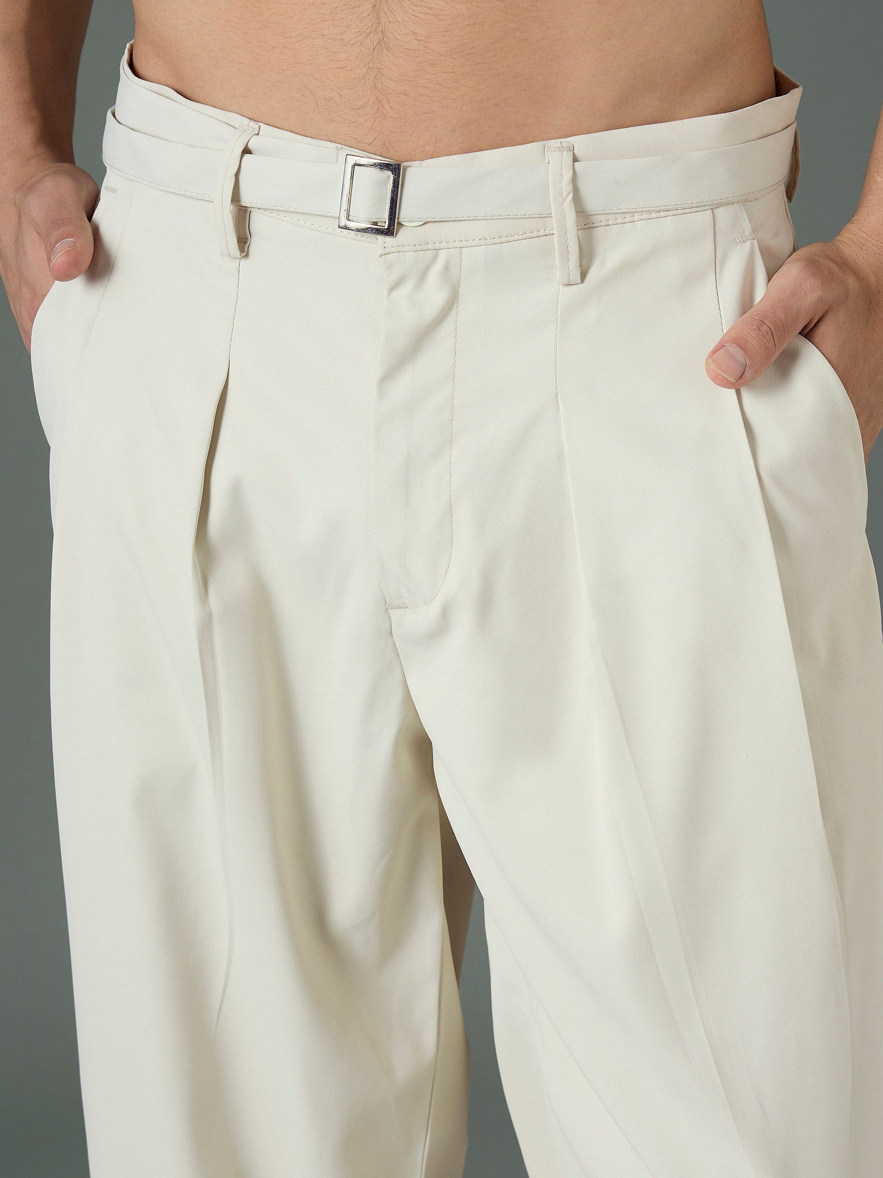 Off White Front Belt Relax Fit Korean Trouser-MASCLN SASSAFRAS
