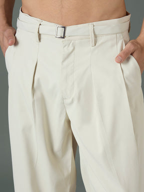 Off White Front Belt Relax Fit Korean Trouser-MASCLN SASSAFRAS
