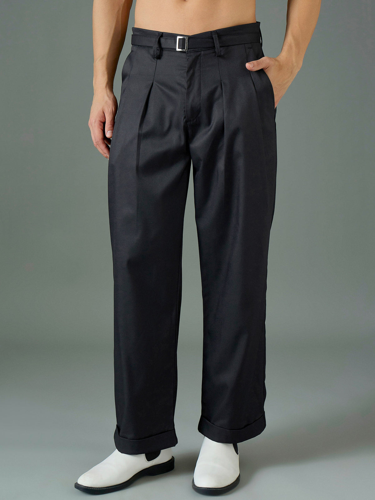 Black Front Belt Relax Fit Korean Trouser-MASCLN SASSAFRAS
