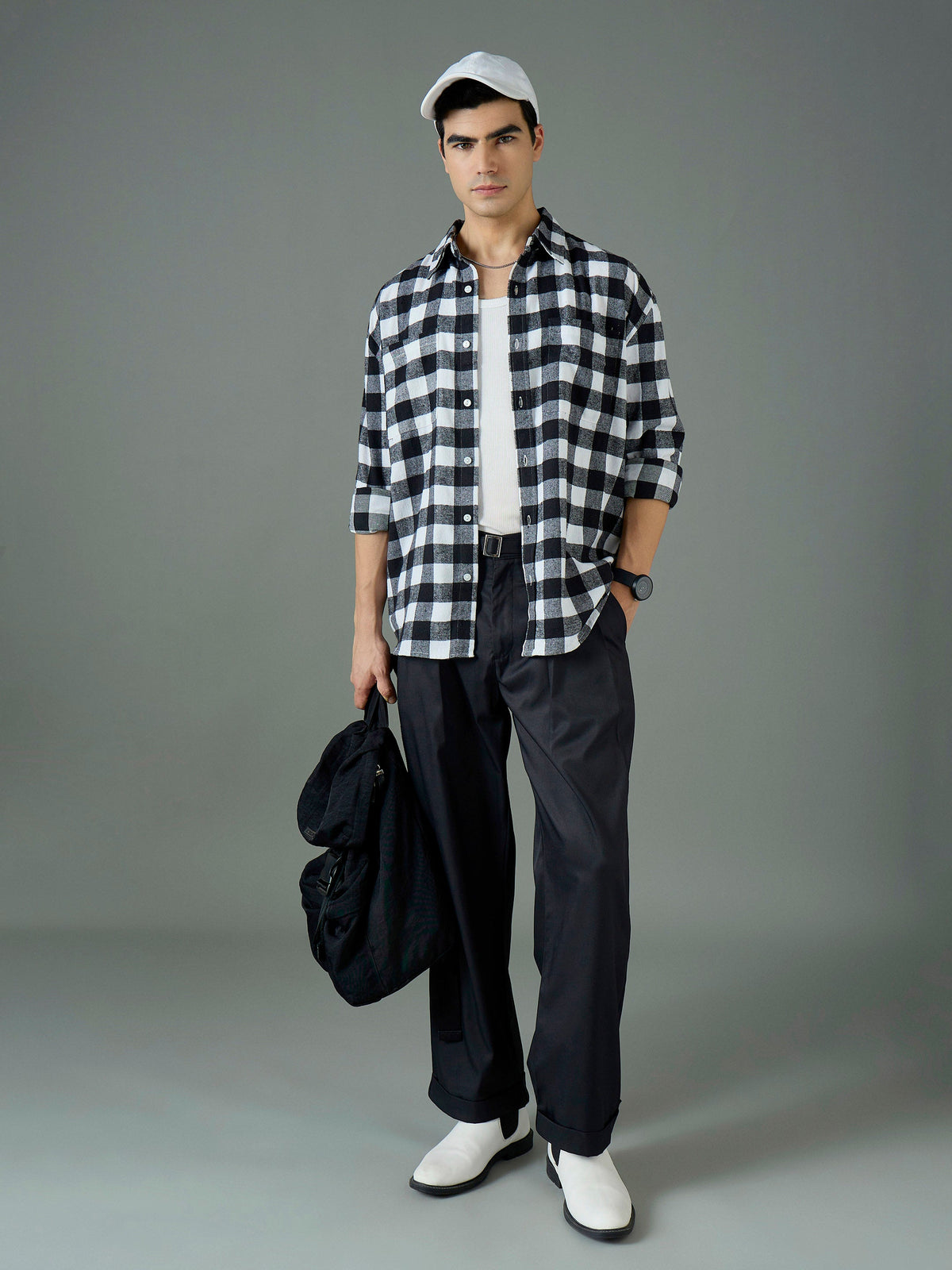 Black Front Belt Relax Fit Korean Trouser-MASCLN SASSAFRAS