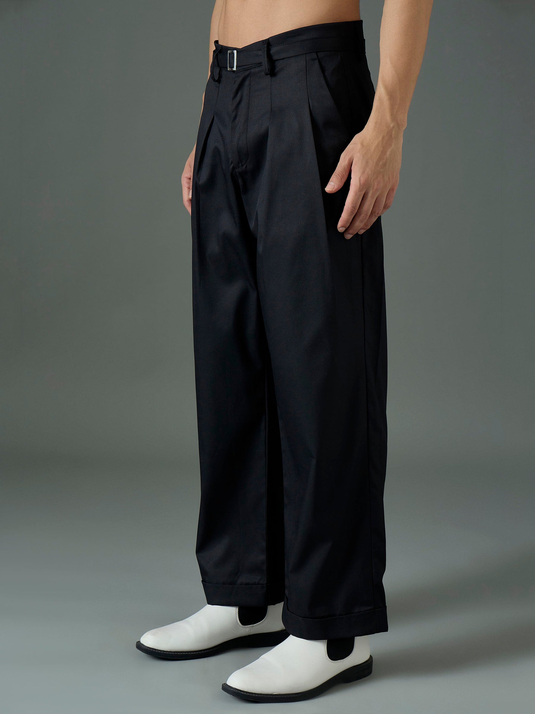 Black Front Belt Relax Fit Korean Trouser-MASCLN SASSAFRAS