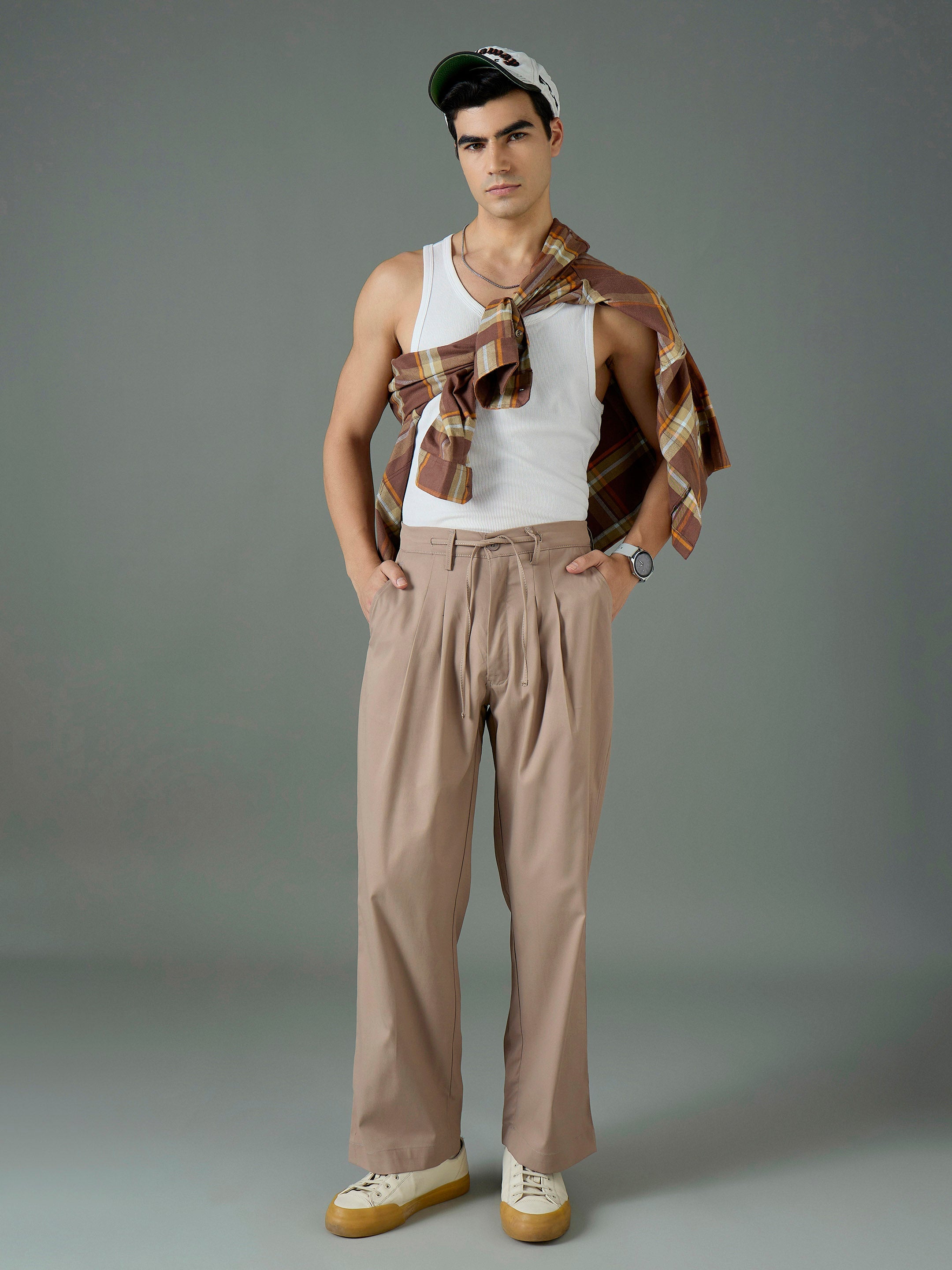 Taupe Front Dori Relax Fit Korean Trouser-MASCLN SASSAFRAS
