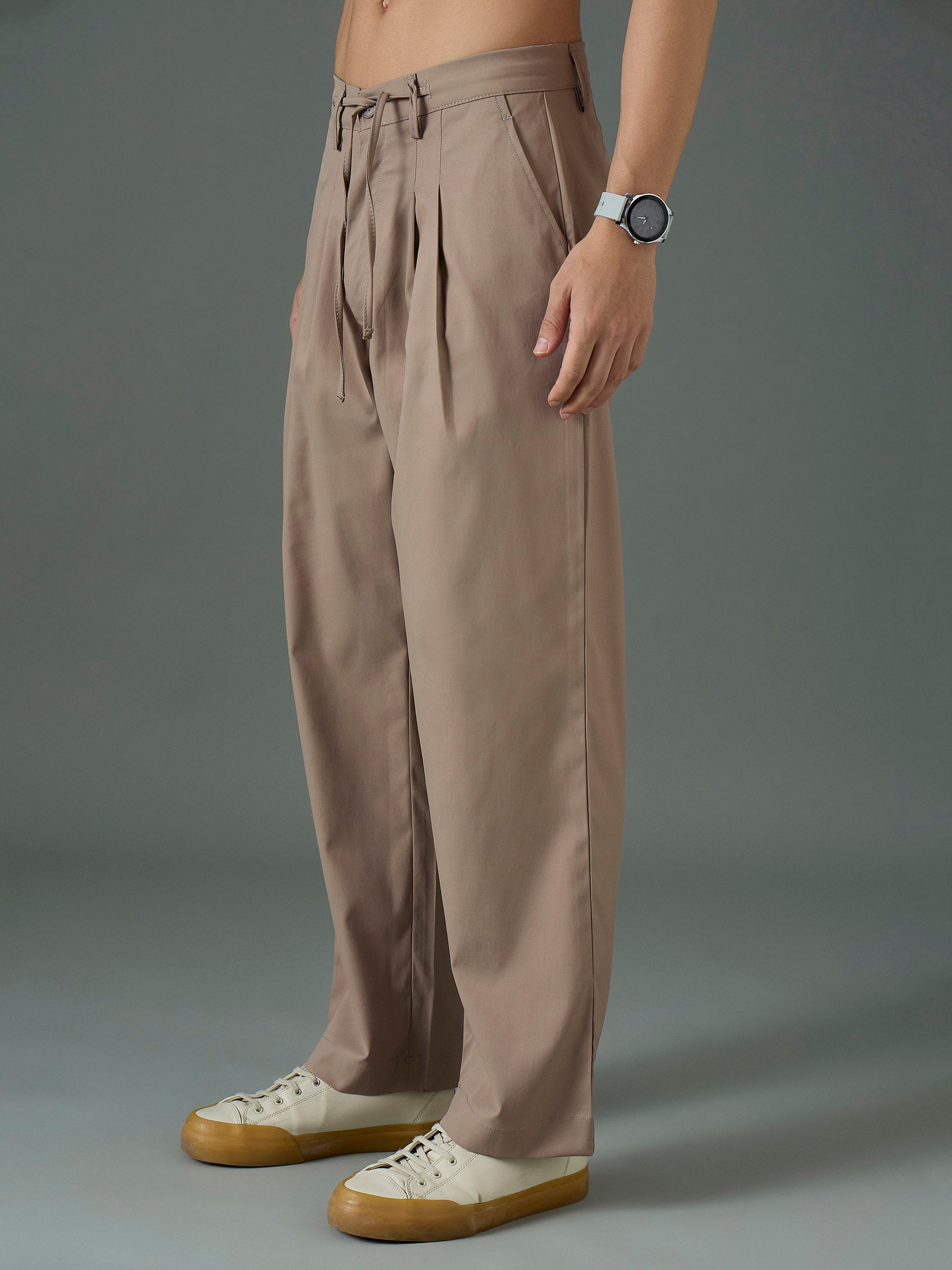 Taupe Front Dori Relax Fit Korean Trouser-MASCLN SASSAFRAS