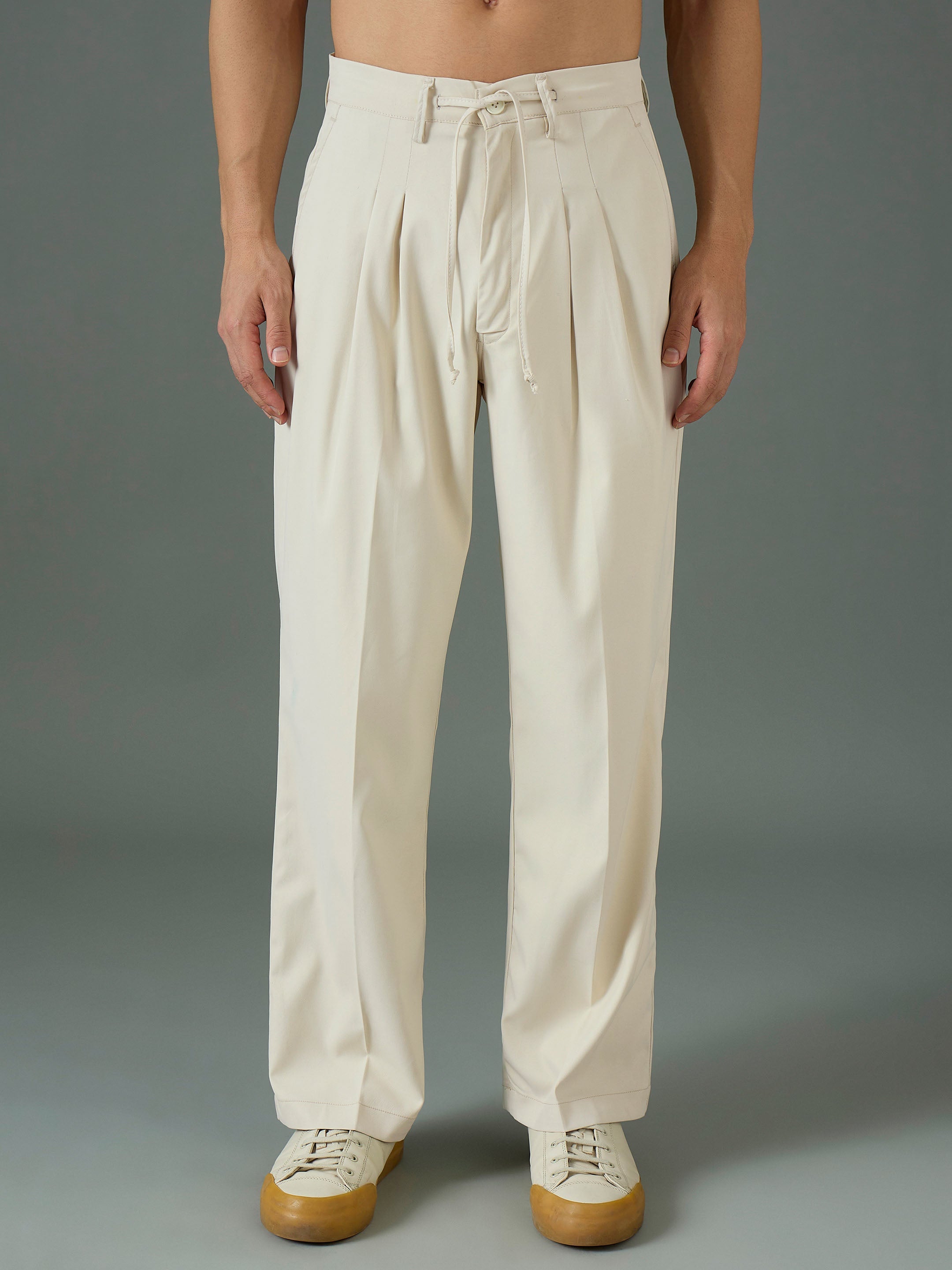 Off White Front Dori Relax Fit Korean Trouser-MASCLN SASSAFRAS