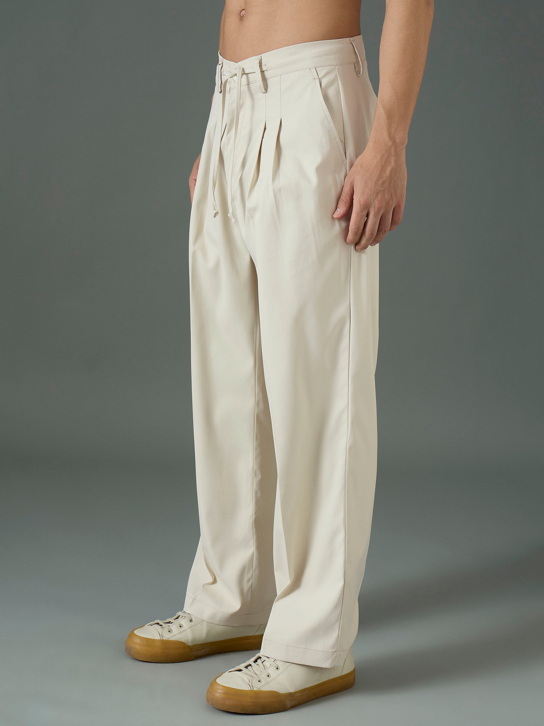 Off White Front Dori Relax Fit Korean Trouser-MASCLN SASSAFRAS
