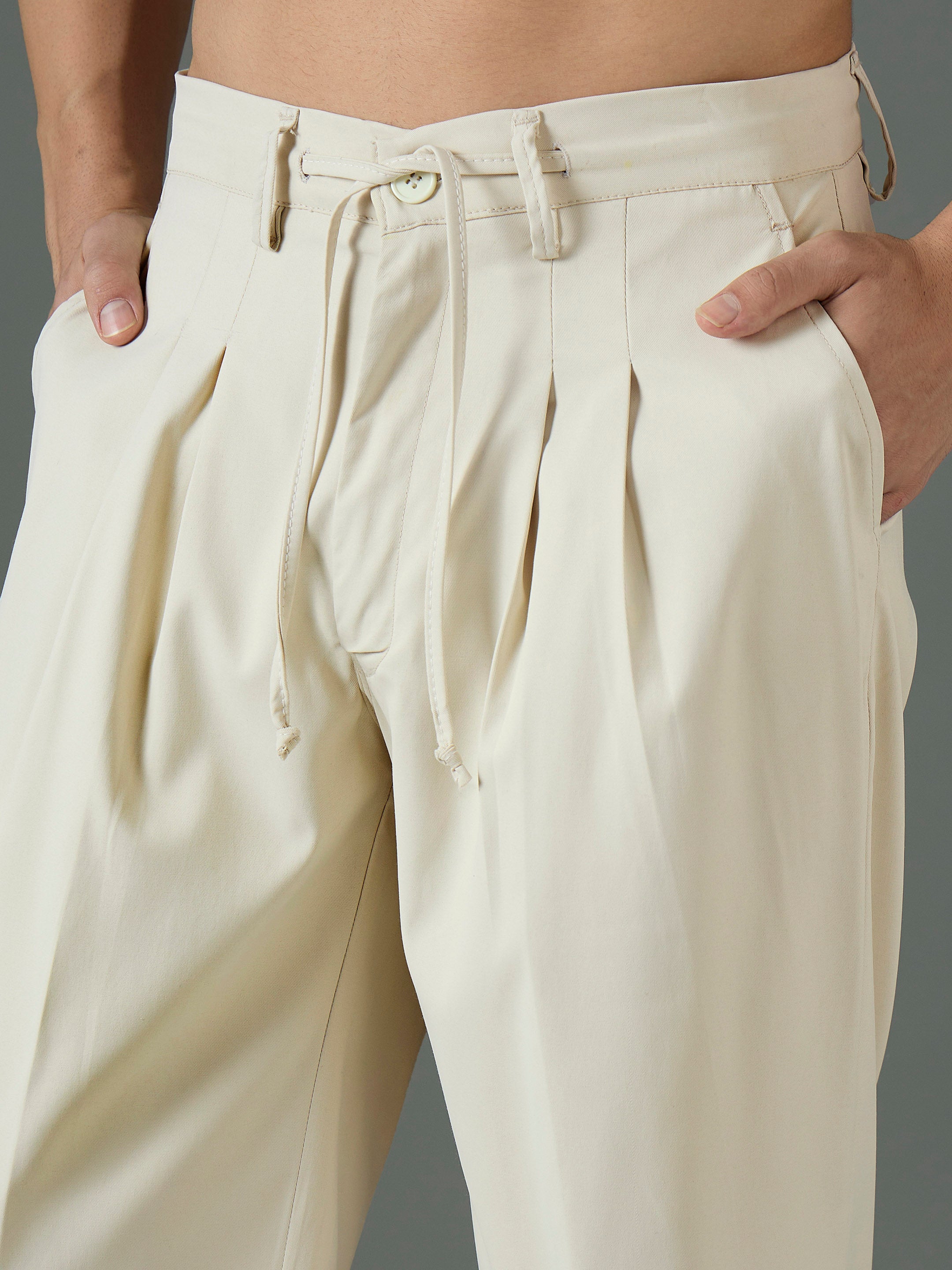 Off White Front Dori Relax Fit Korean Trouser-MASCLN SASSAFRAS