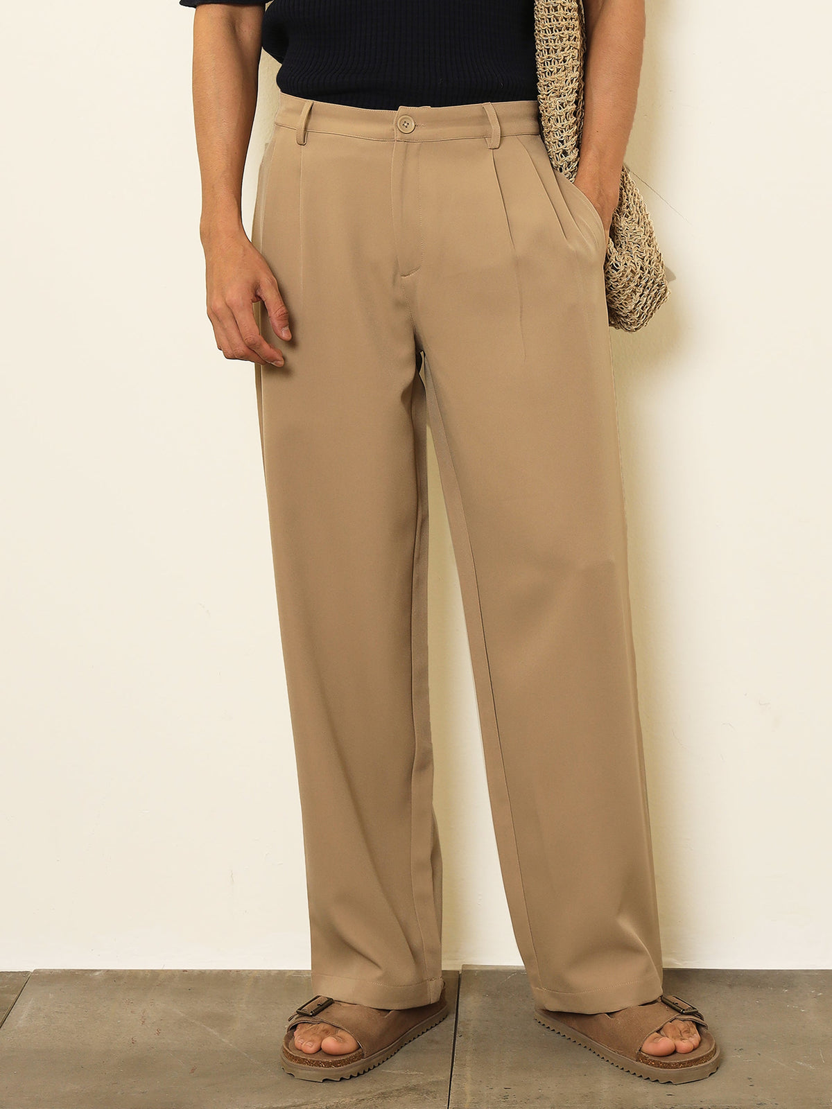 Beige Double-Pleated Basic Korean Pants-MASCLN SASSAFRAS