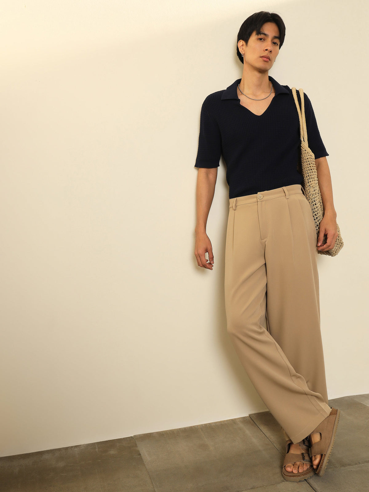 Beige Double-Pleated Basic Korean Pants-MASCLN SASSAFRAS