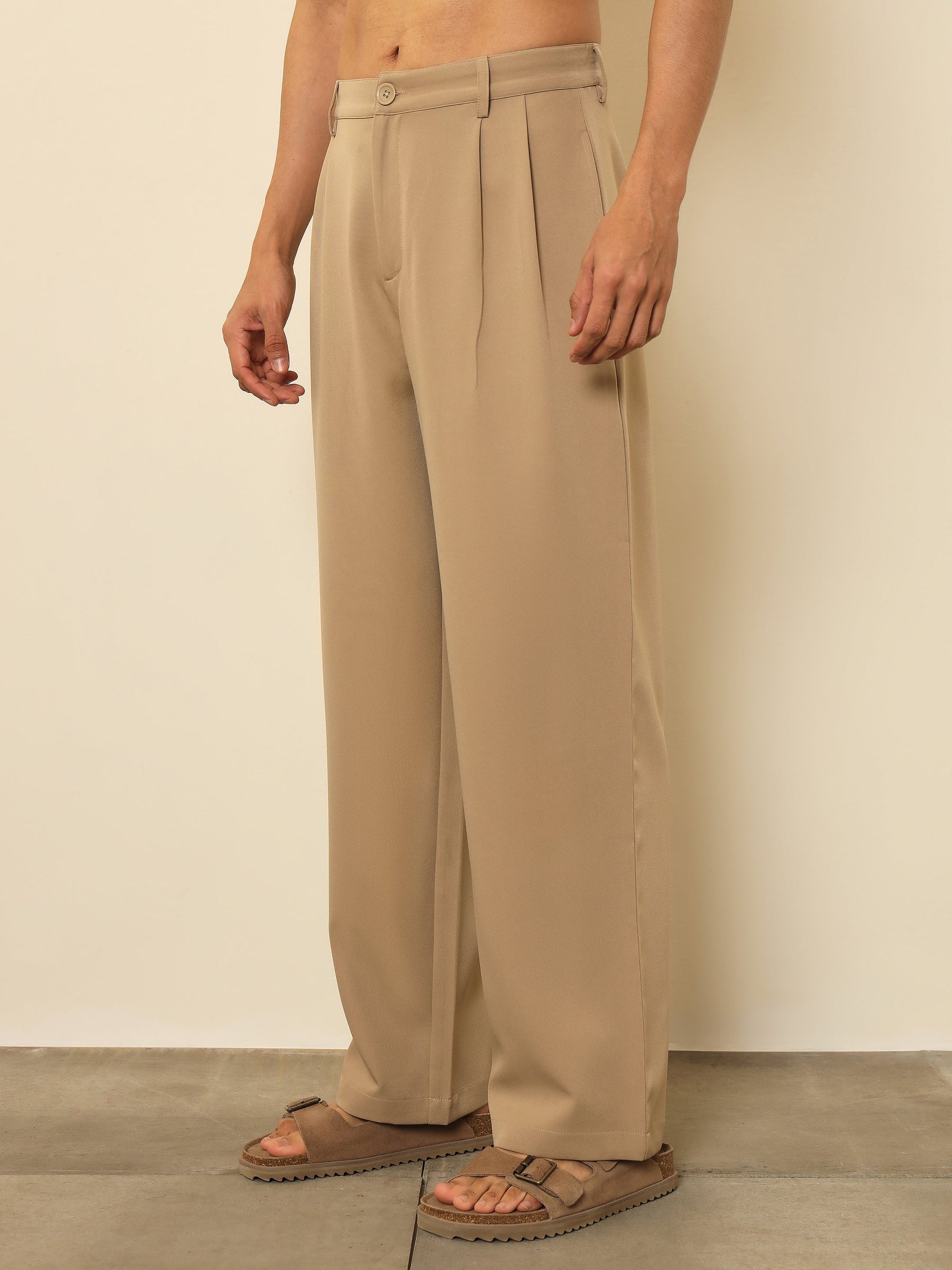 Beige Double-Pleated Basic Korean Pants-MASCLN SASSAFRAS