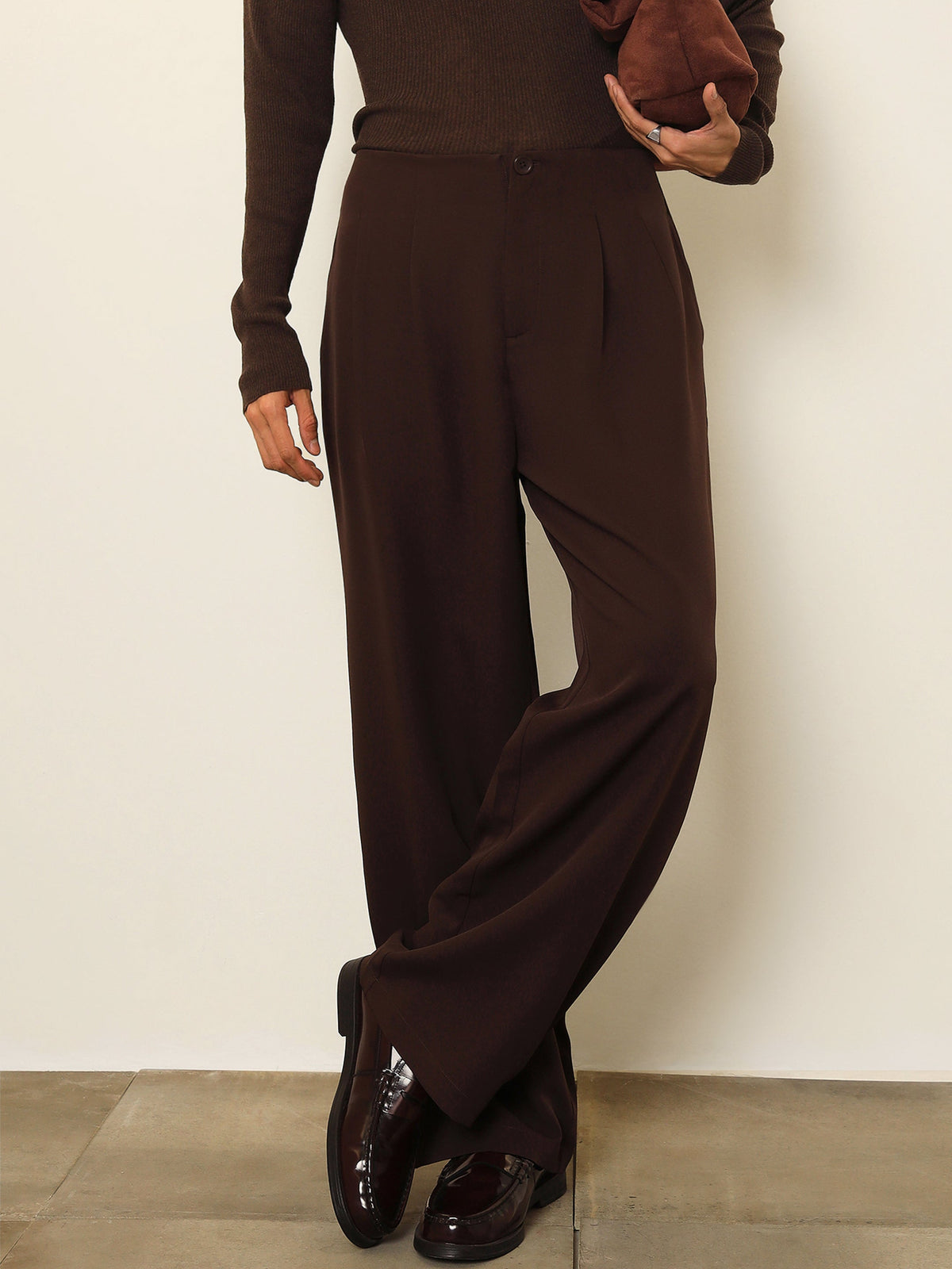 Dark Brown Dual-Dart No-waistband High-Waist Korean Pants-MASCLN SASSAFRAS