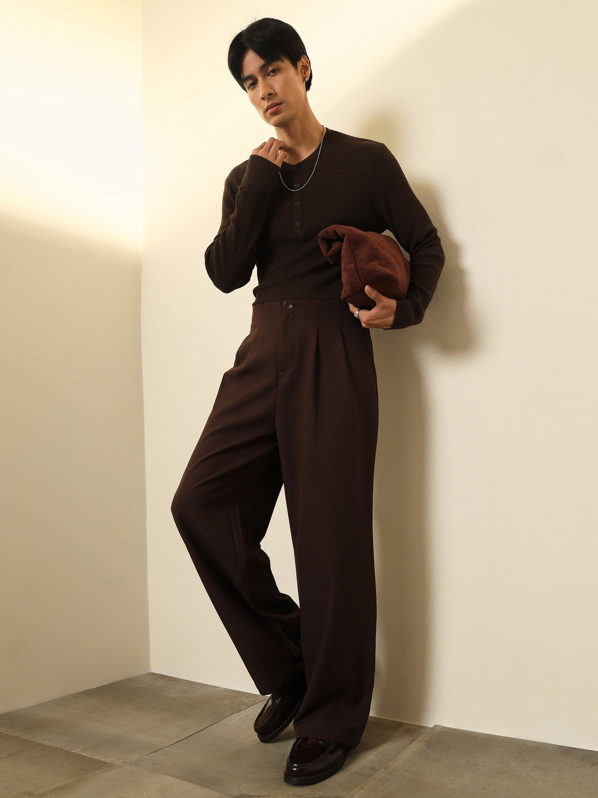 Dark Brown Dual-Dart No-waistband High-Waist Korean Pants-MASCLN SASSAFRAS