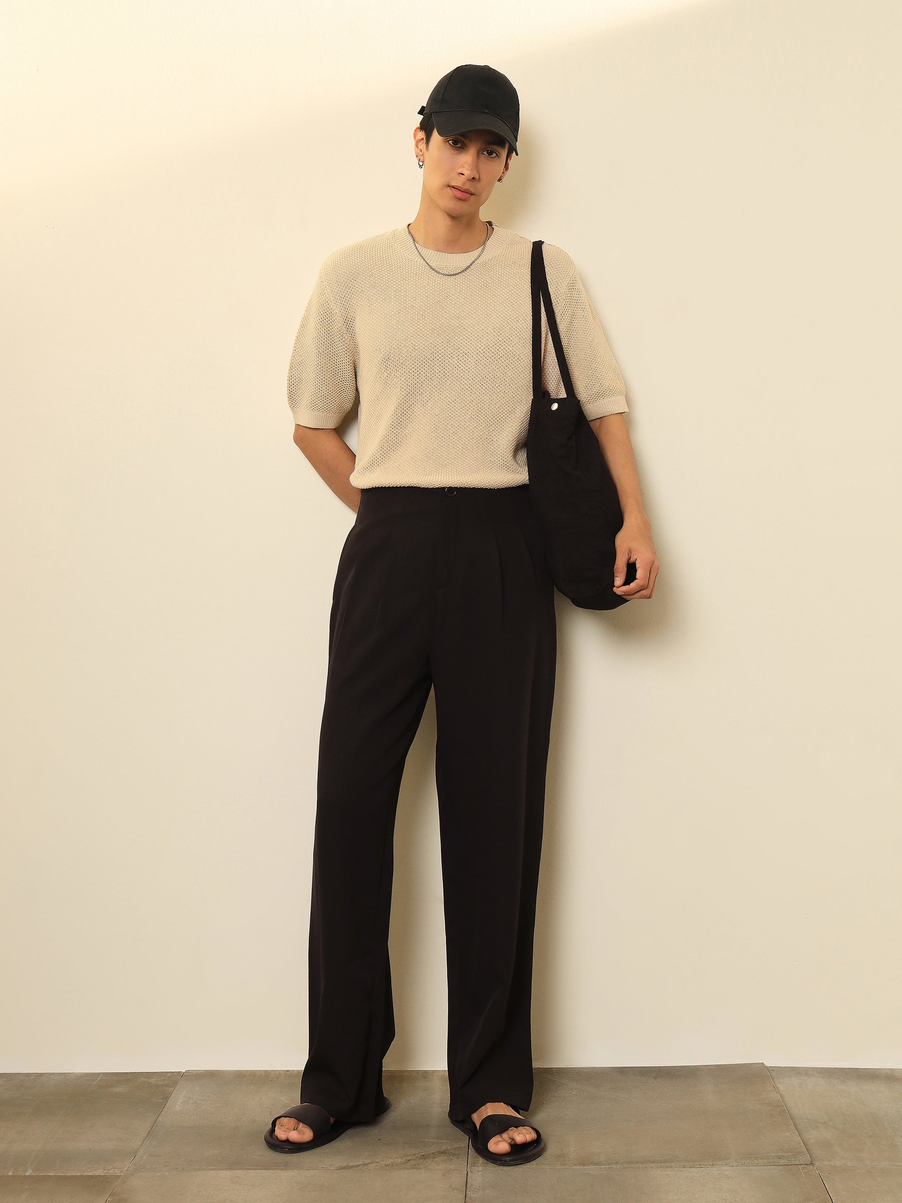 Men Black Dual-Dart No-waistband High-Waist Korean Pants