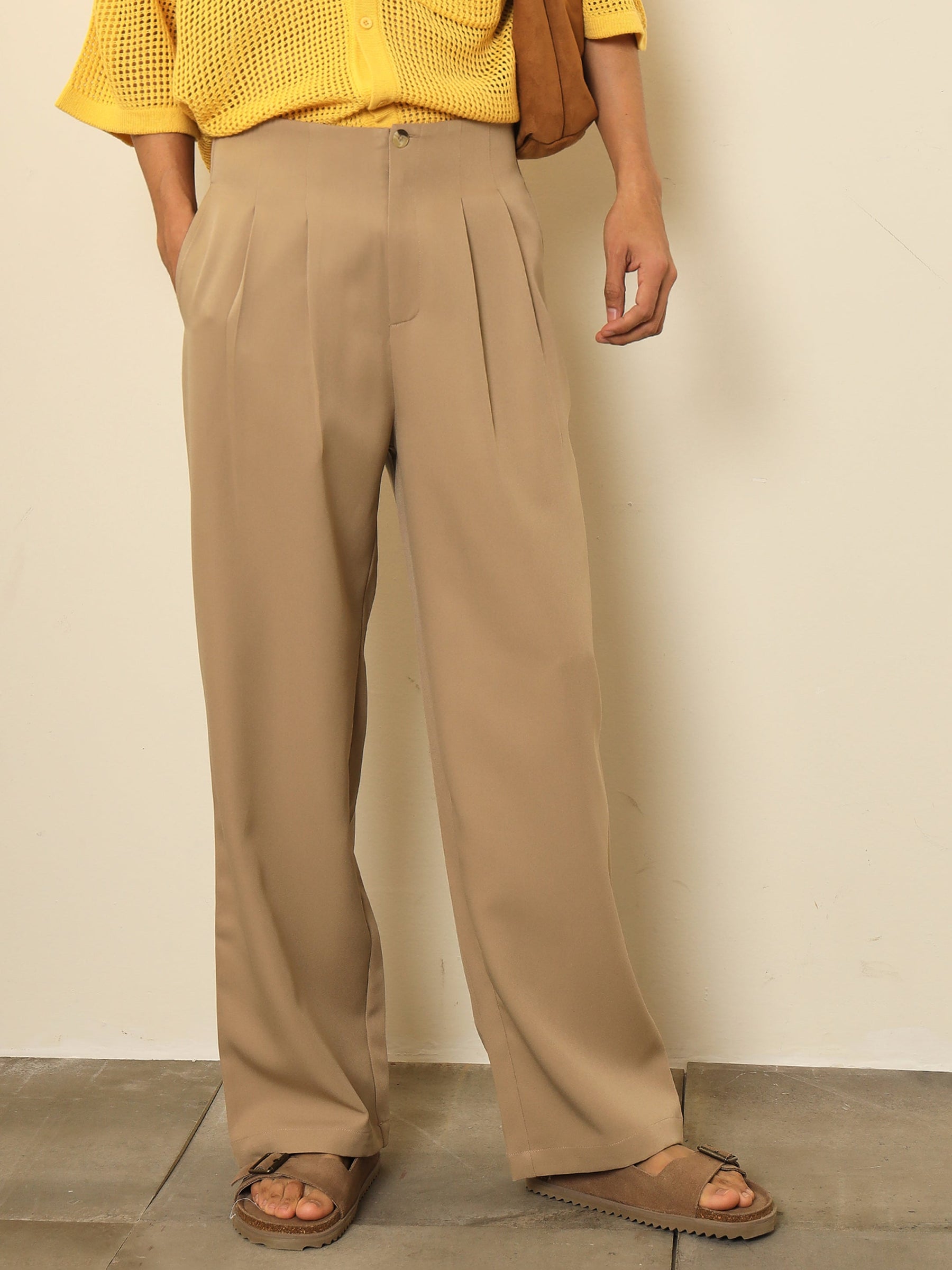 Beige Dual-Dart No-waistband High-Waist Korean Pants-MASCLN SASSAFRAS