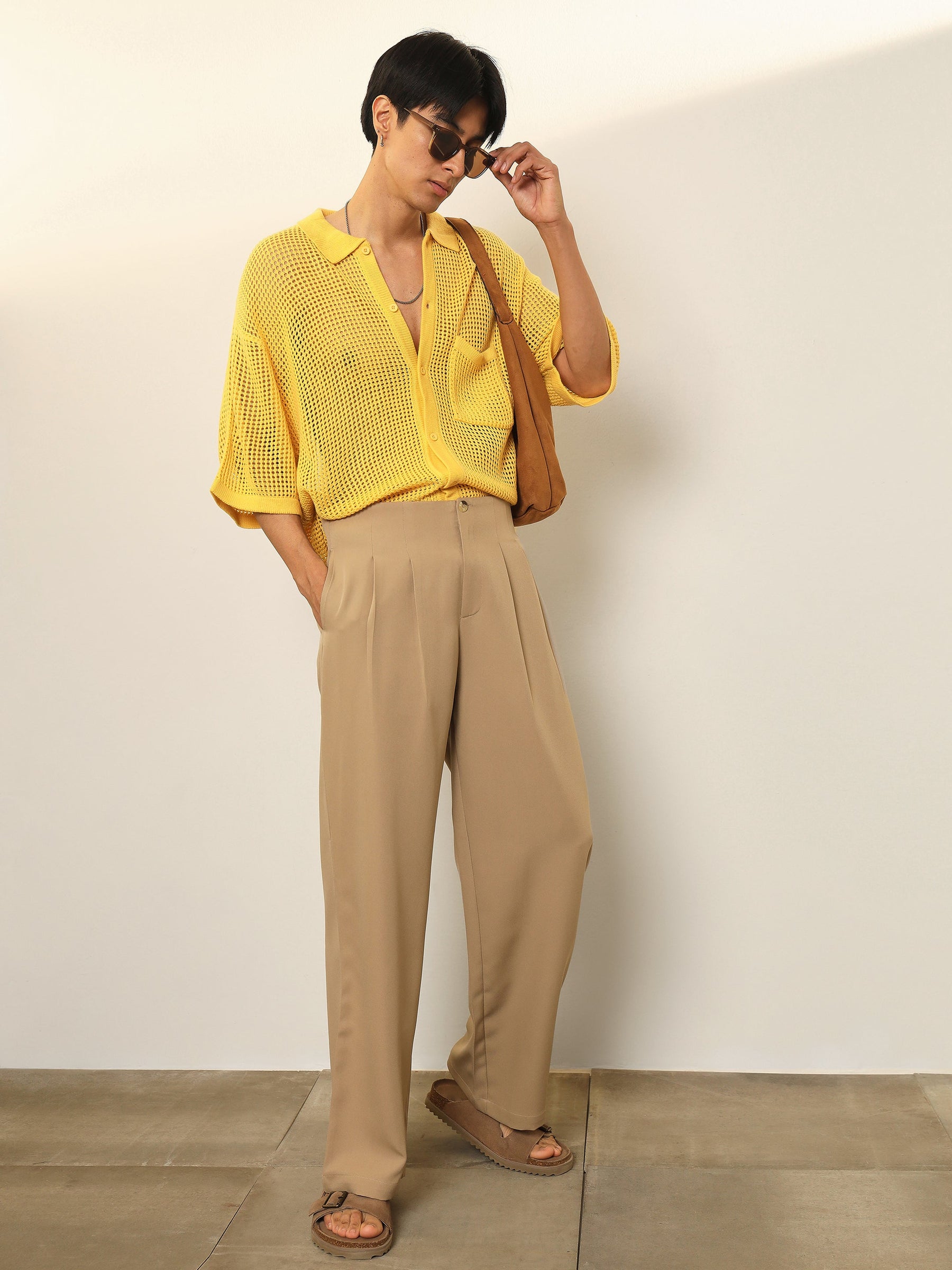 Beige Dual-Dart No-waistband High-Waist Korean Pants-MASCLN SASSAFRAS