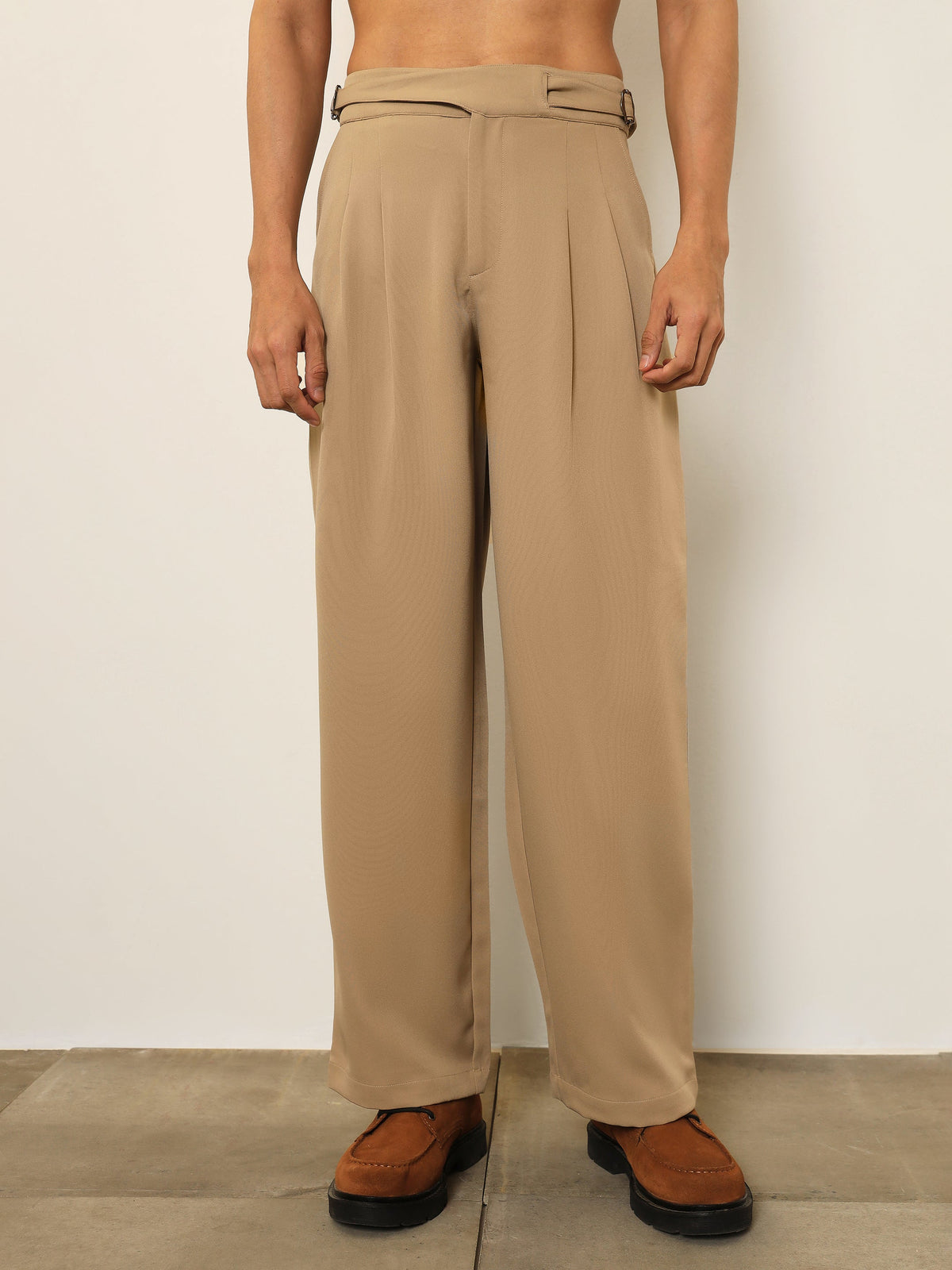 Beige Double Waist Adjuster Korean Pants-MASCLN SASSAFRAS