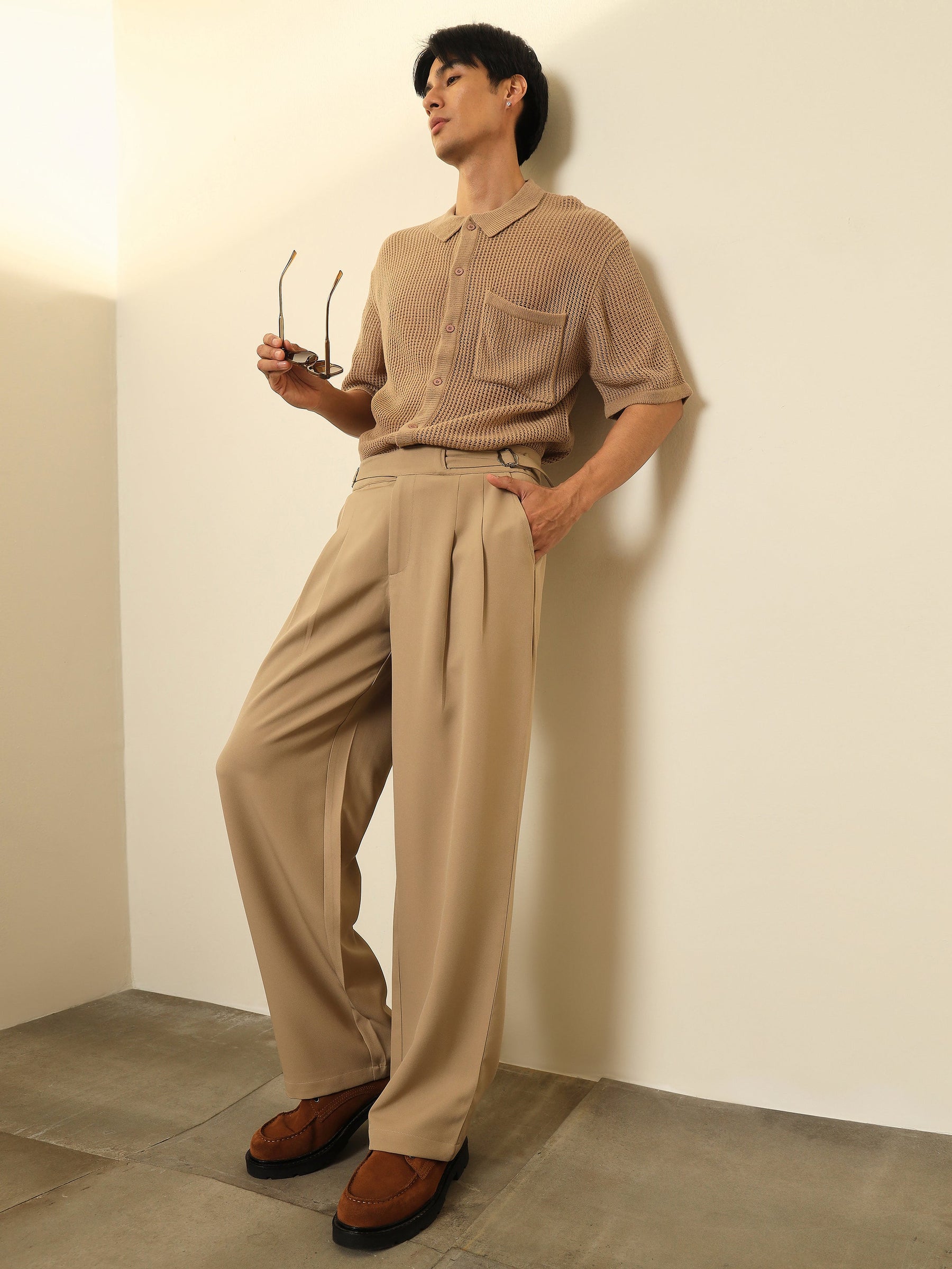 Beige Double Waist Adjuster Korean Pants-MASCLN SASSAFRAS