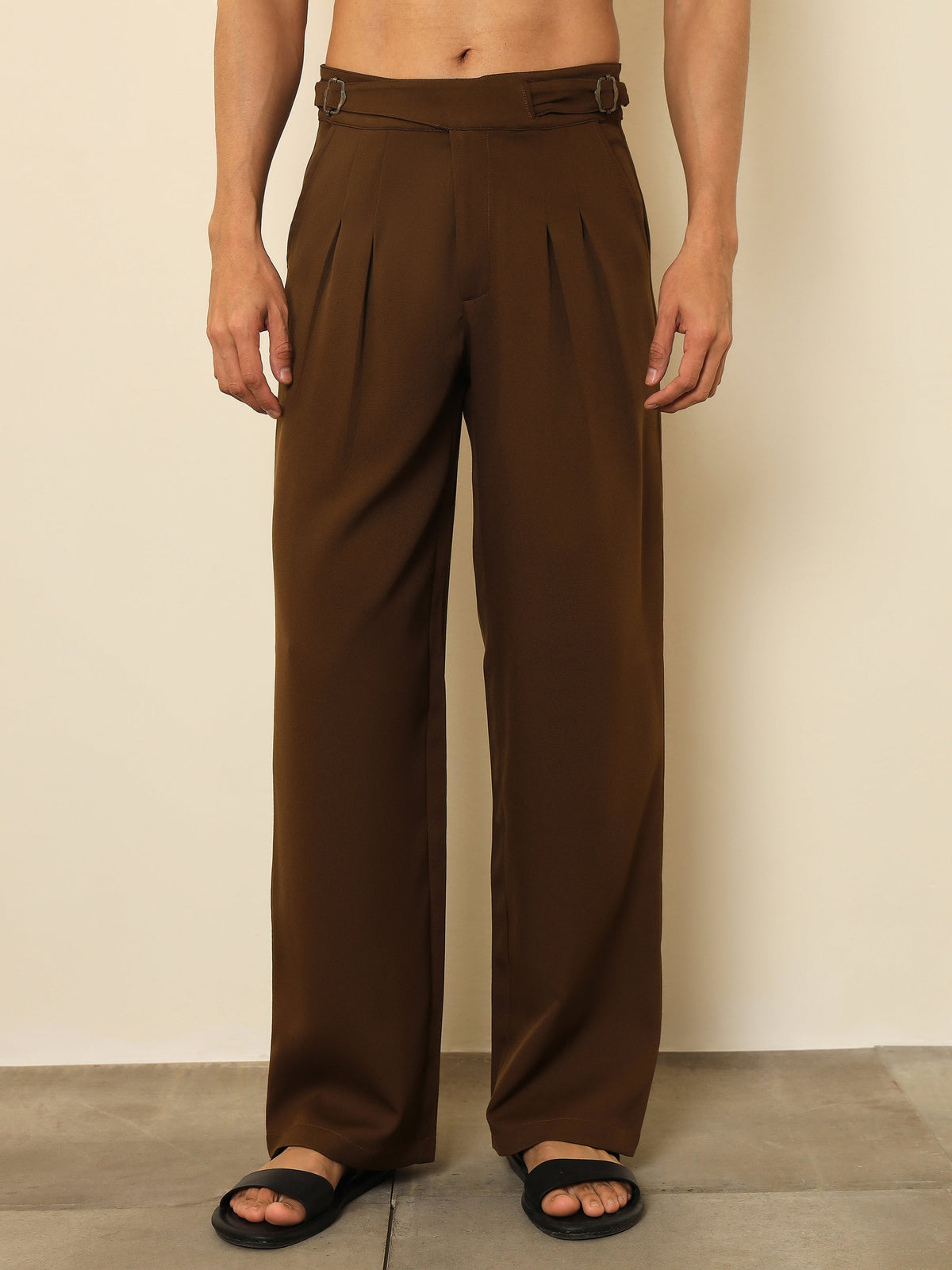Tan Brown Double Waist Adjuster Korean Pants-MASCLN SASSAFRAS
