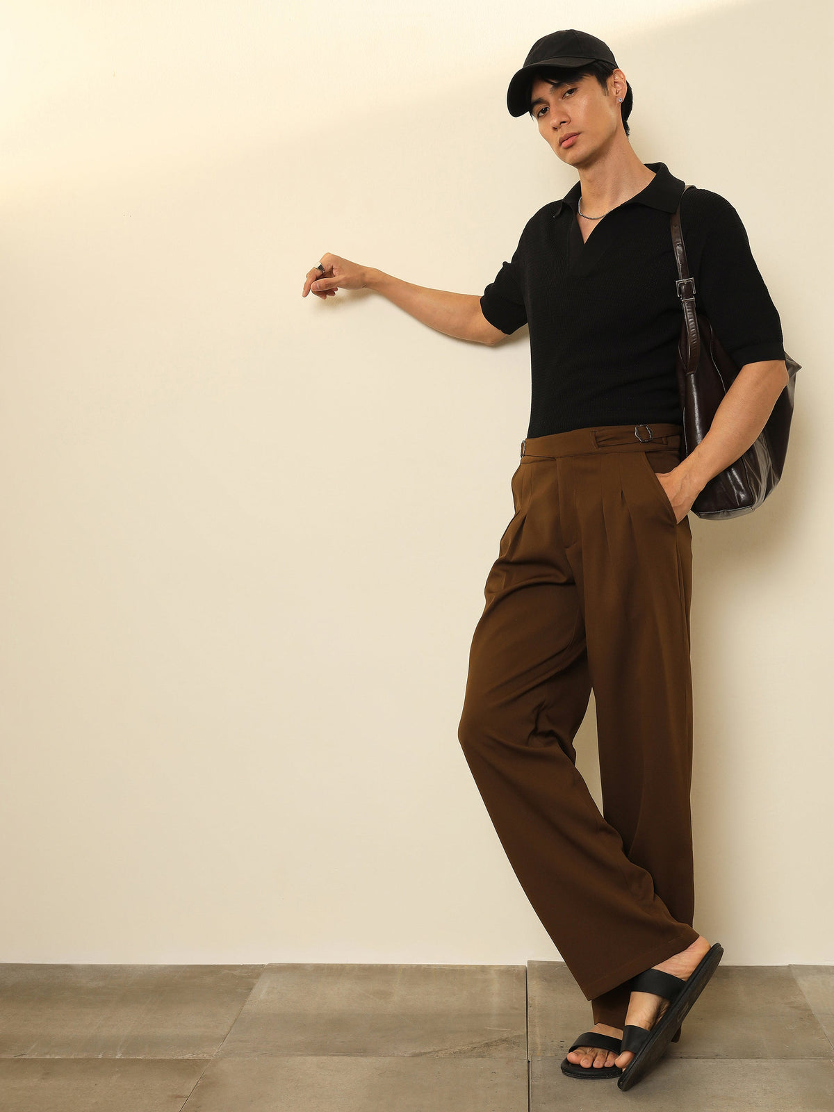 Tan Brown Double Waist Adjuster Korean Pants-MASCLN SASSAFRAS