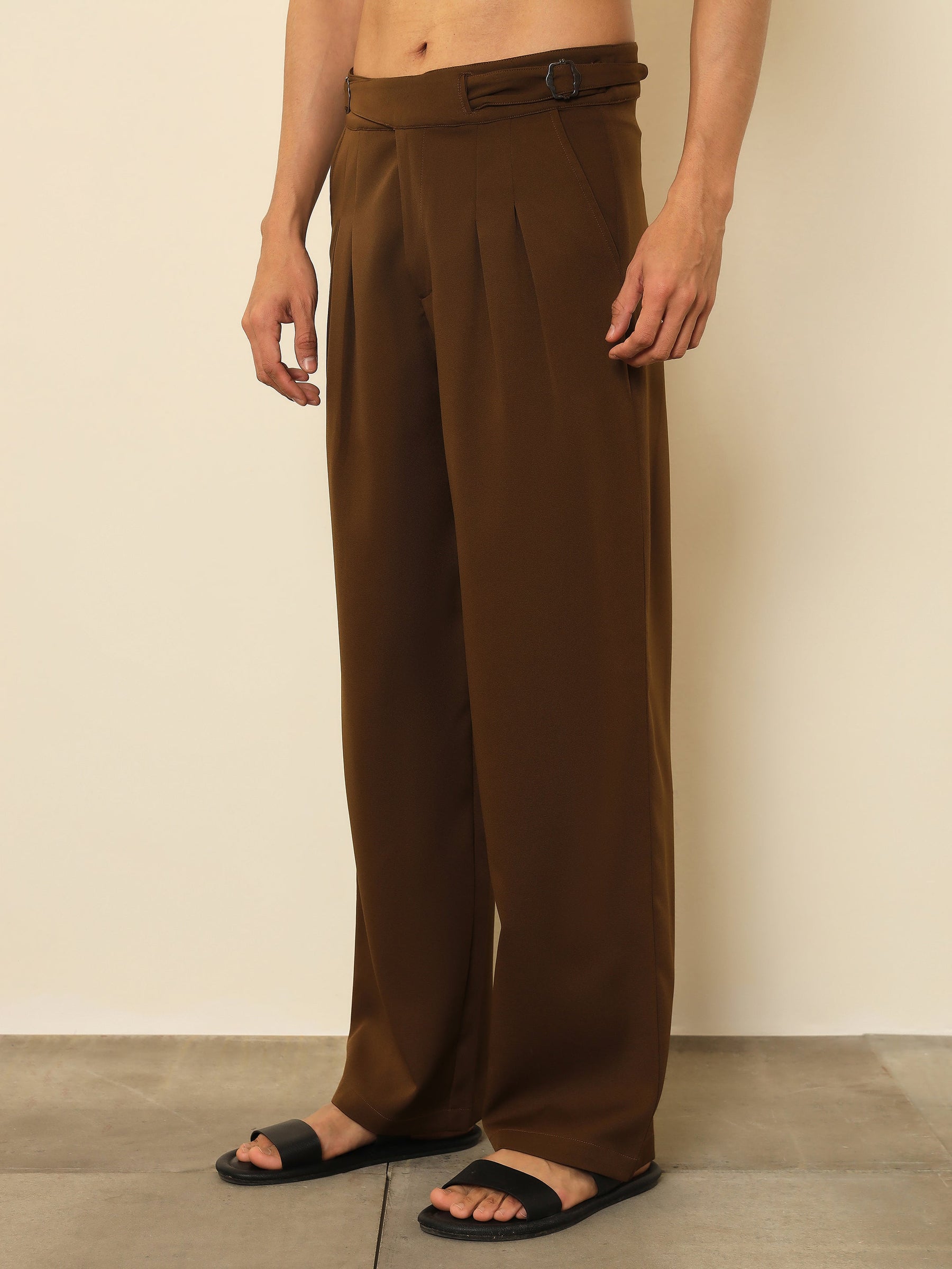 Tan Brown Double Waist Adjuster Korean Pants-MASCLN SASSAFRAS