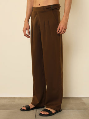 Tan Brown Double Waist Adjuster Korean Pants-MASCLN SASSAFRAS