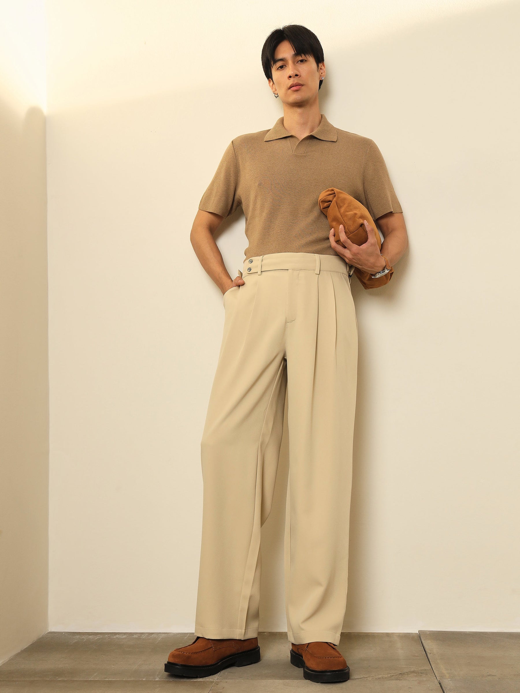 Beige Front Pleated Gurkha Trousers-MASCLN SASSAFRAS