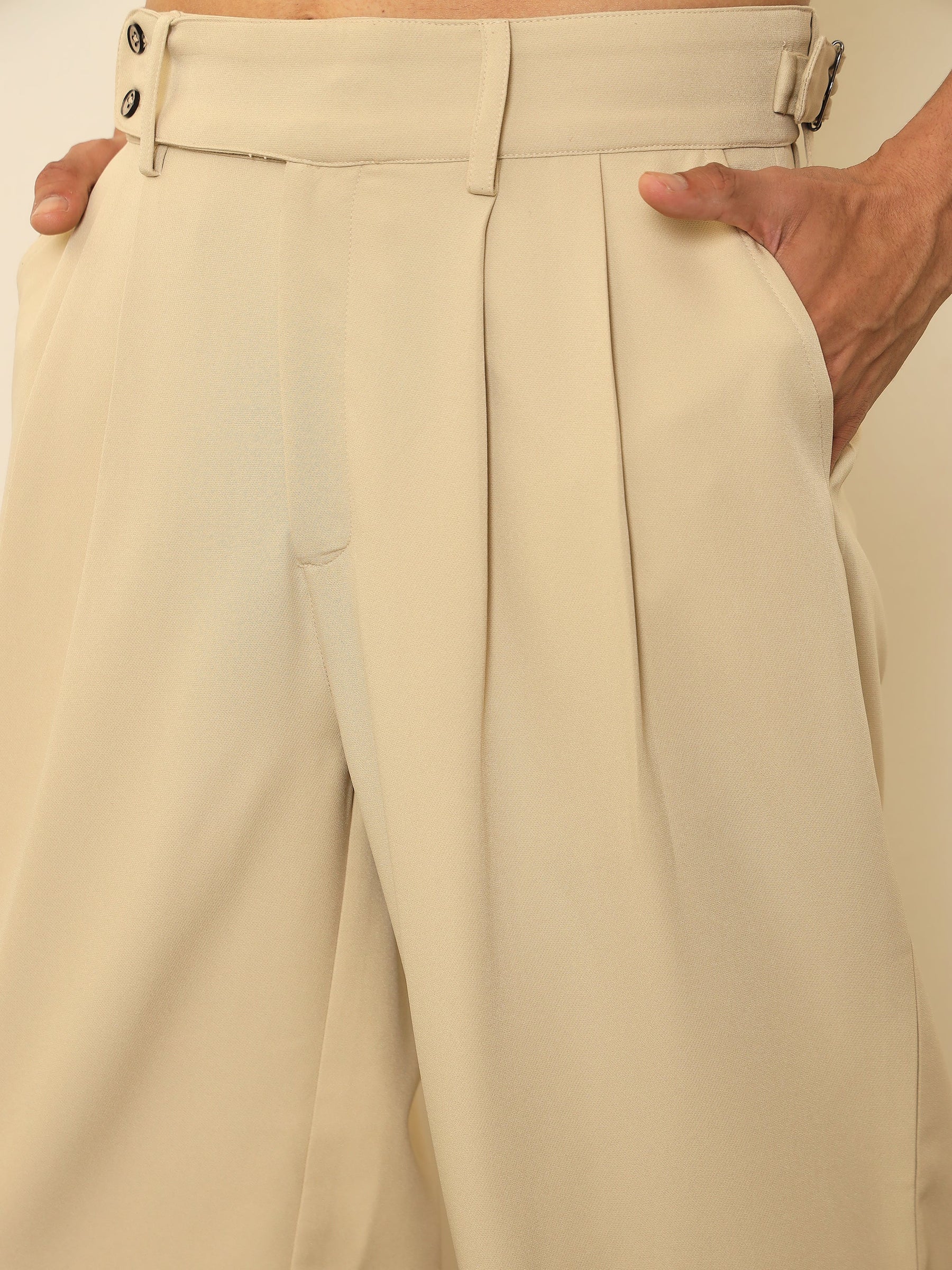 Beige Front Pleated Gurkha Trousers-MASCLN SASSAFRAS