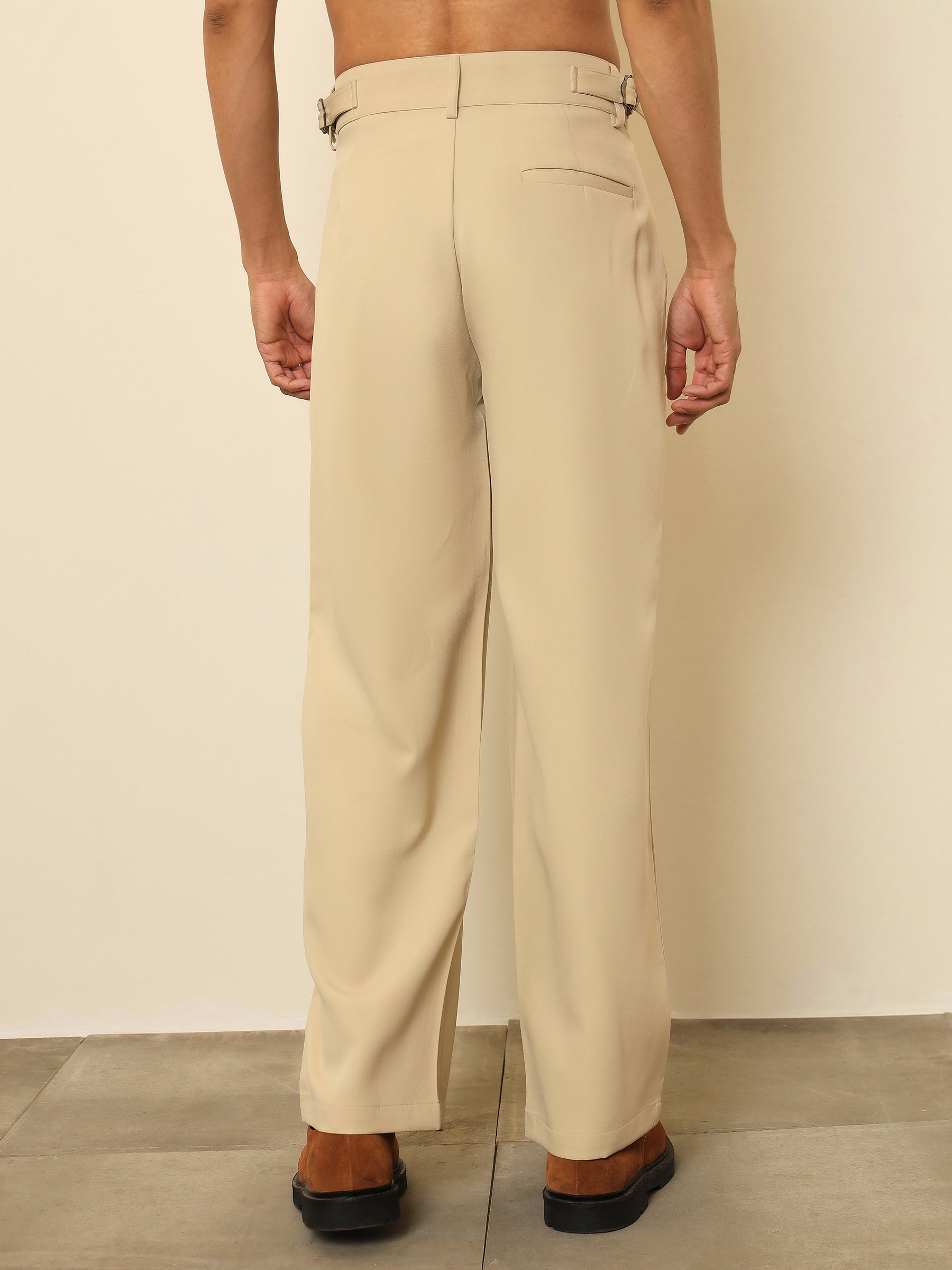 Men Beige Front Pleated Gurkha Trousers