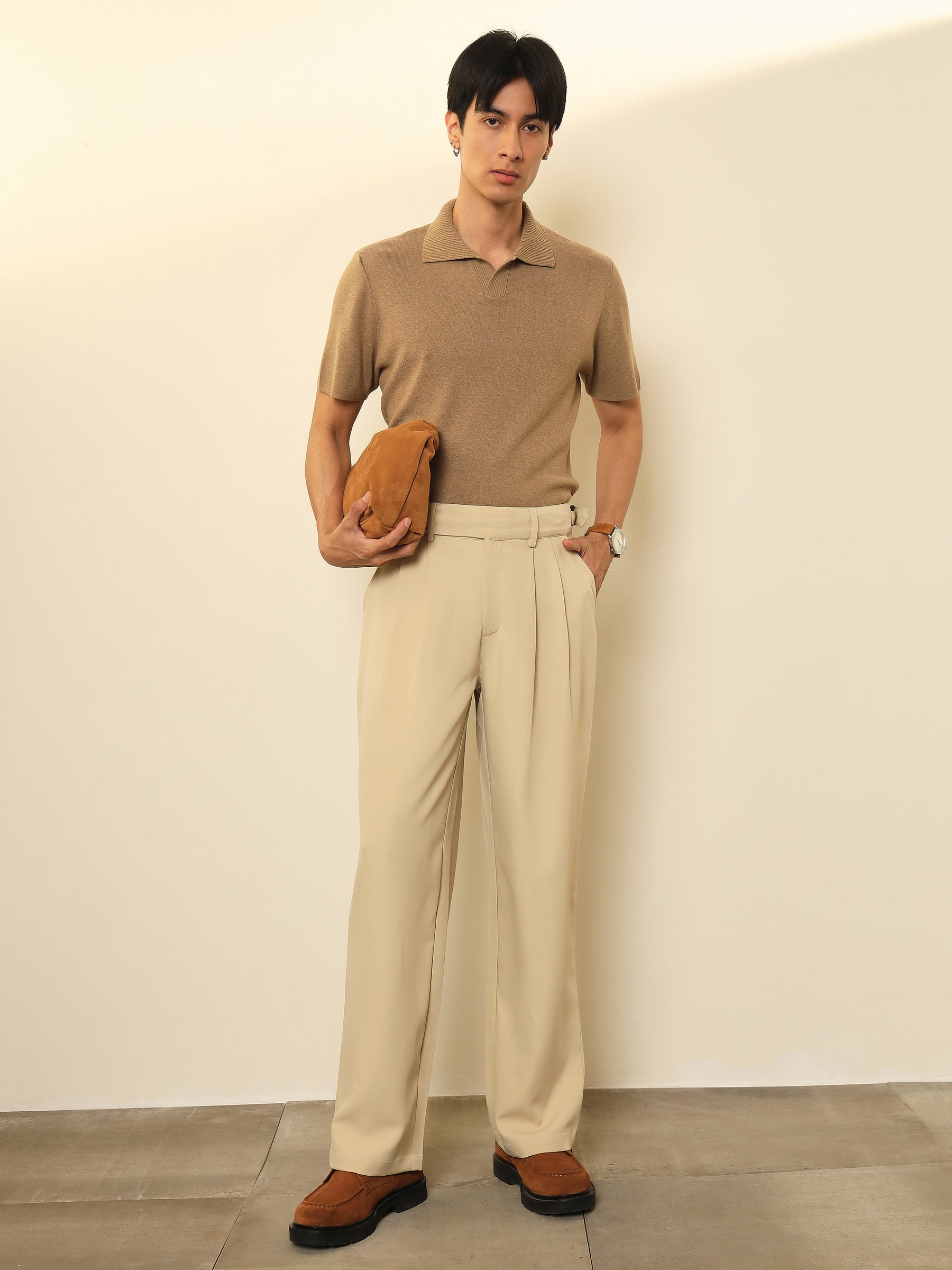 Men Beige Front Pleated Gurkha Trousers