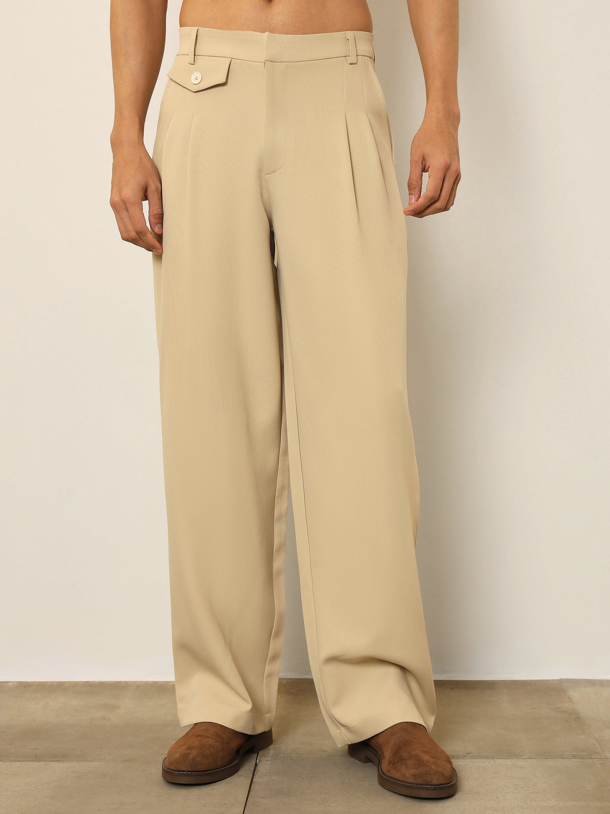 Light Beige Mock-Flap Pocket Pleated Korean Pants-MASCLN SASSAFRAS