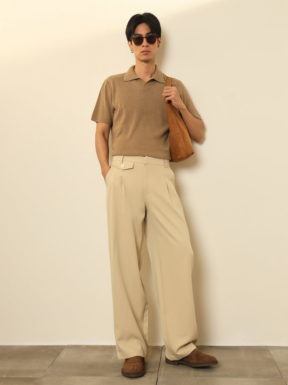 Light Beige Mock-Flap Pocket Pleated Korean Pants-MASCLN SASSAFRAS