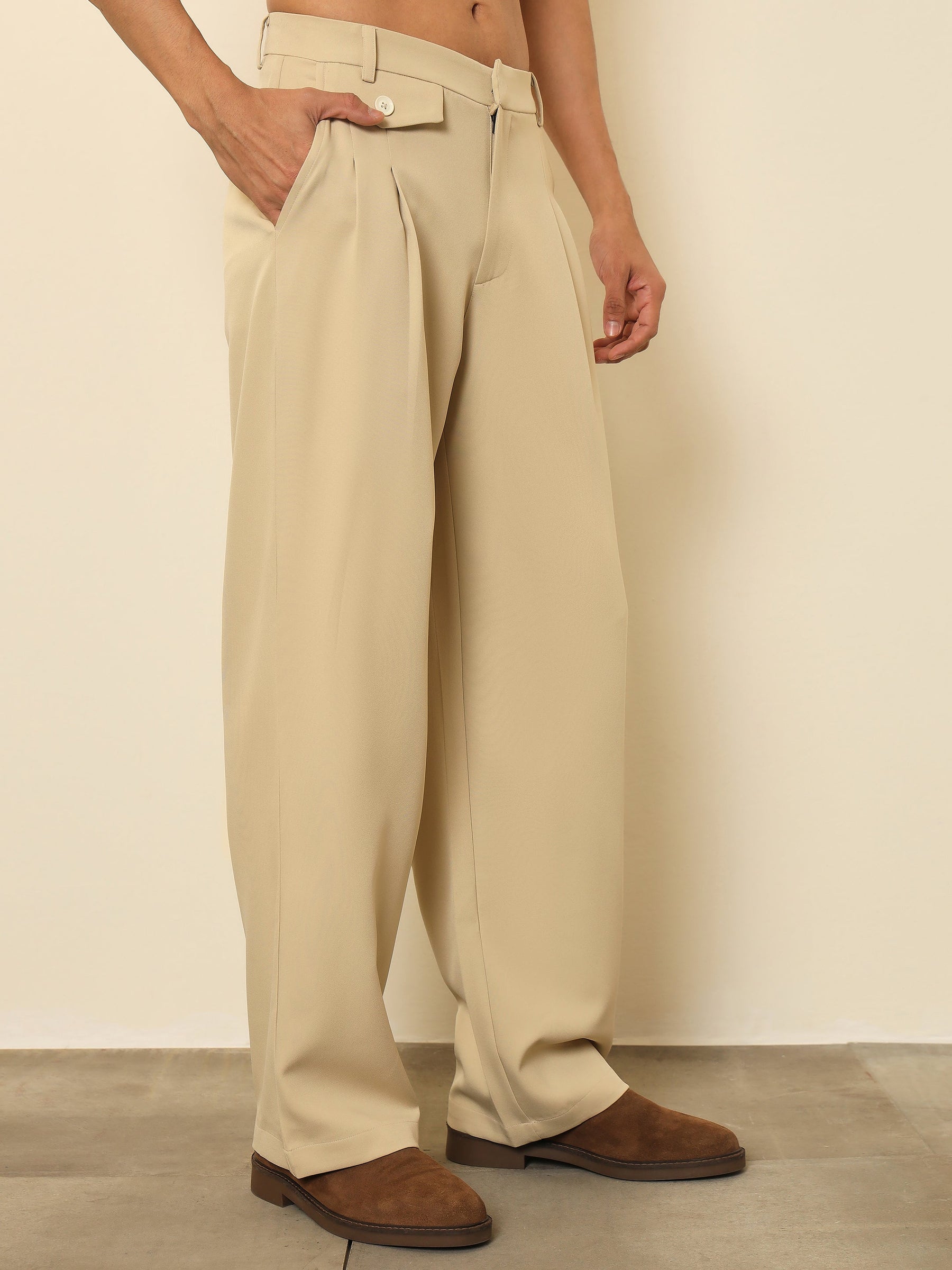 Light Beige Mock-Flap Pocket Pleated Korean Pants-MASCLN SASSAFRAS