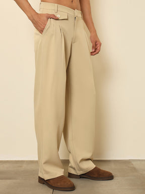 Light Beige Mock-Flap Pocket Pleated Korean Pants-MASCLN SASSAFRAS