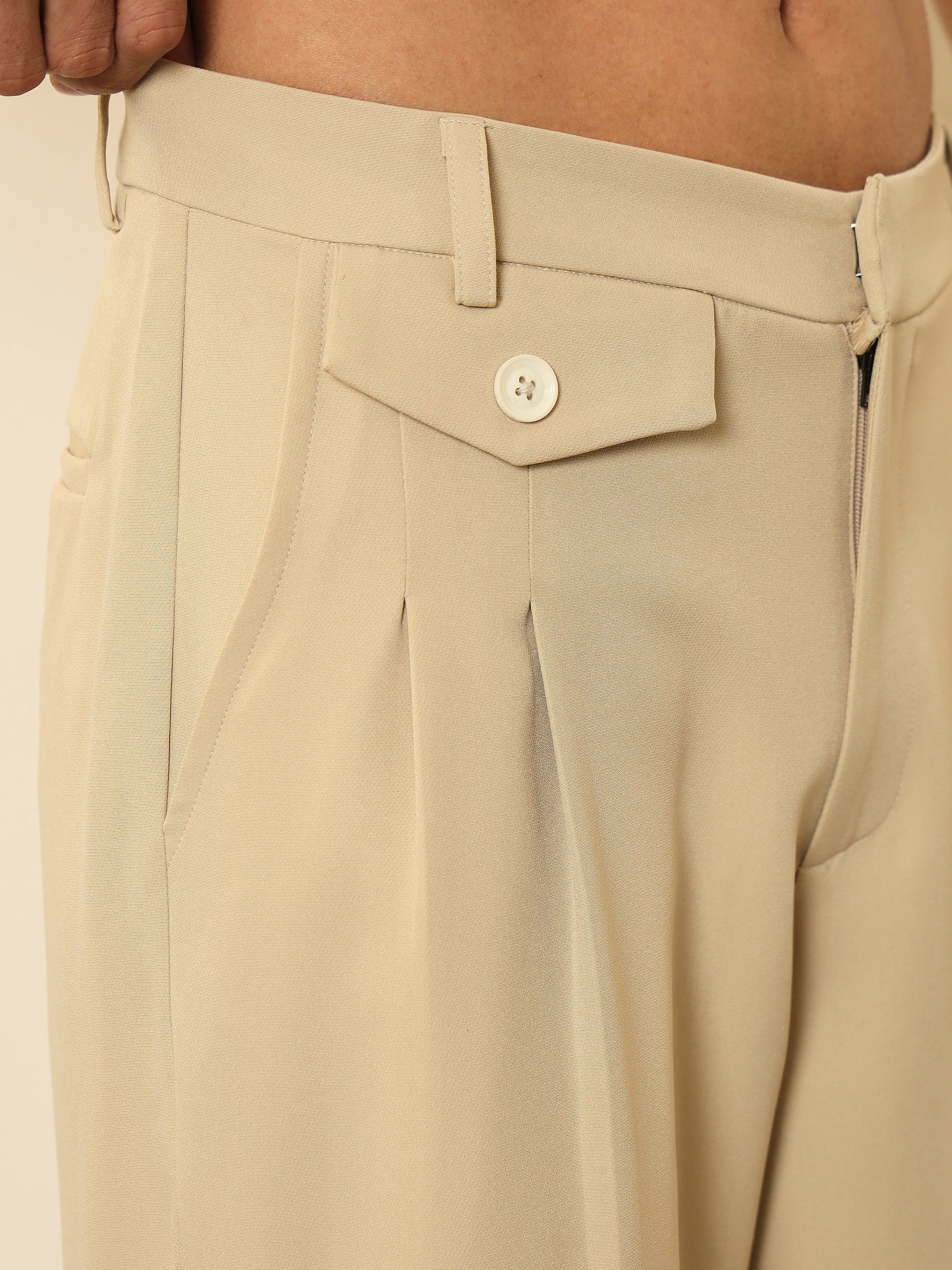 Light Beige Mock-Flap Pocket Pleated Korean Pants-MASCLN SASSAFRAS
