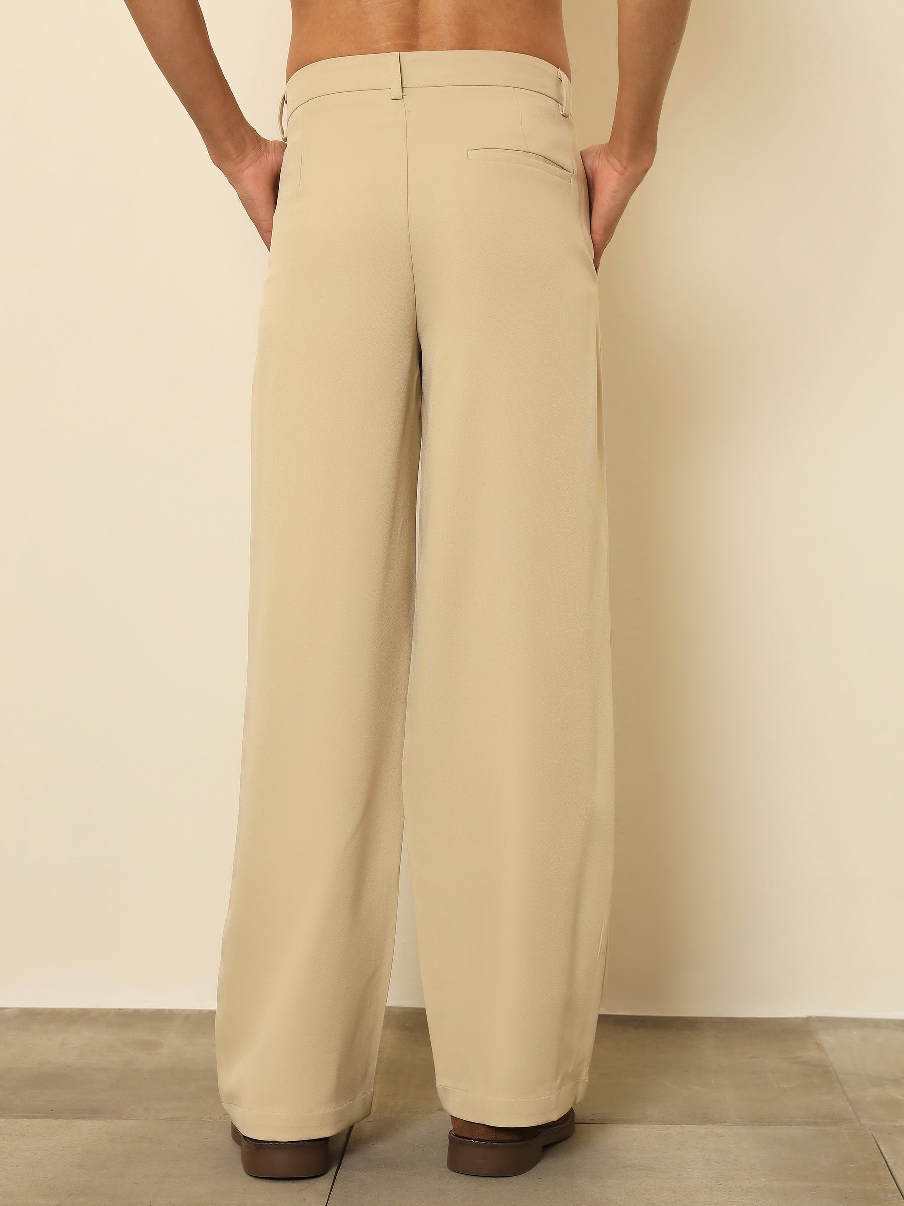 Men Light Beige Mock-Flap Pocket Pleated Korean Pants
