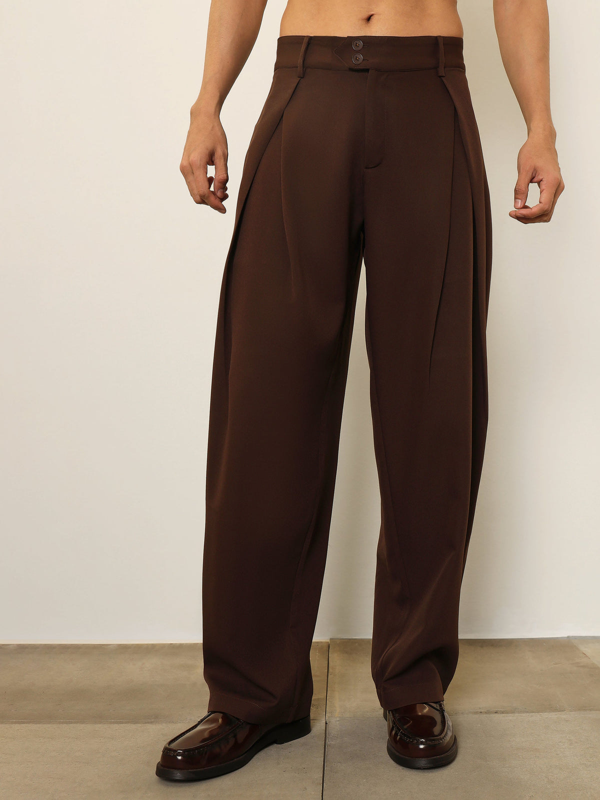 Dark Brown Overlapping Pleates Korean Pants-MASCLN SASSAFRAS